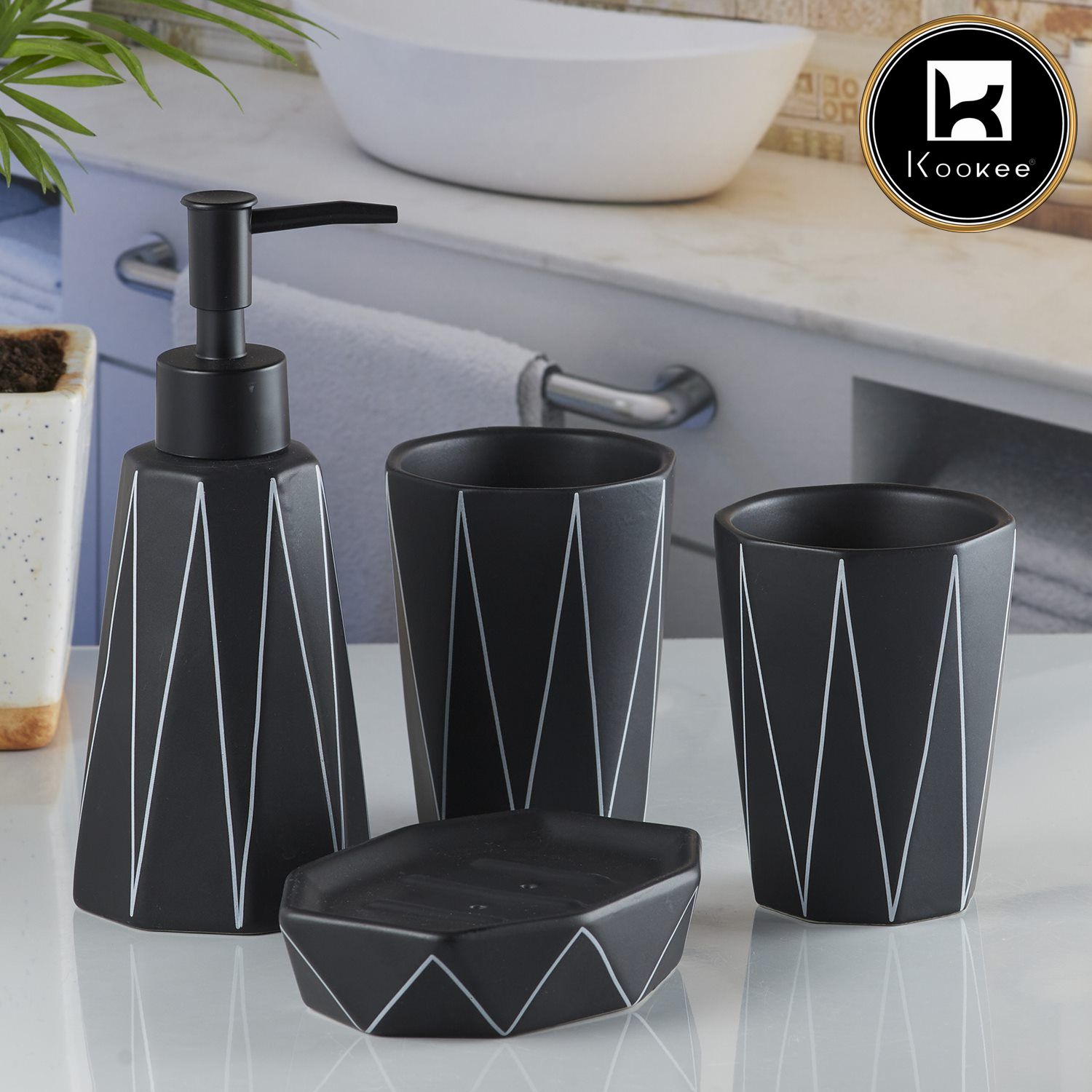 Kookee Ceramic Bathroom Accessories Set of 4, Modern Bath Set with Liquid handwash Soap Dispenser and Toothbrush holder, Luxury Gift Accessory for Home, Black/White