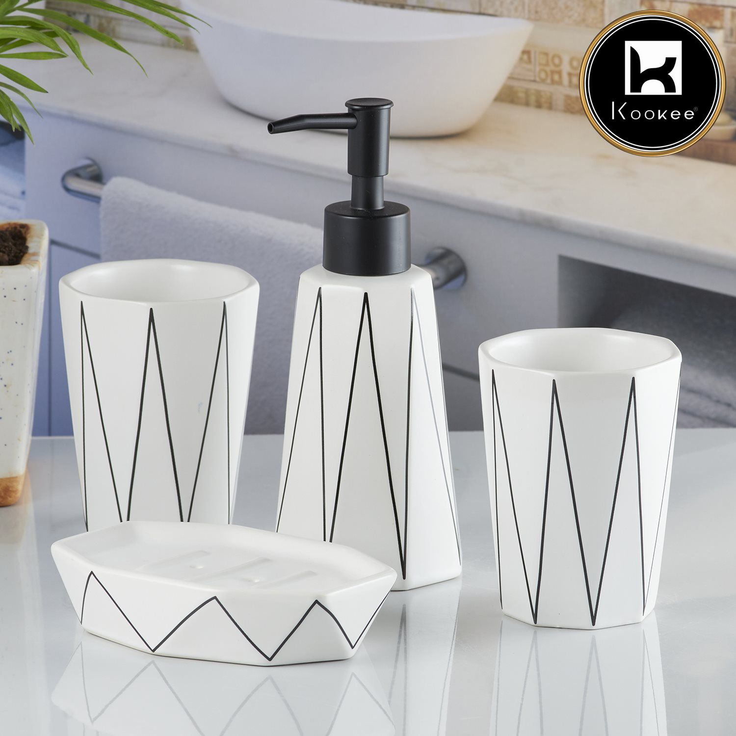 Ceramic Bathroom Accessories Set of 4 with Soap Dispenser (10244)