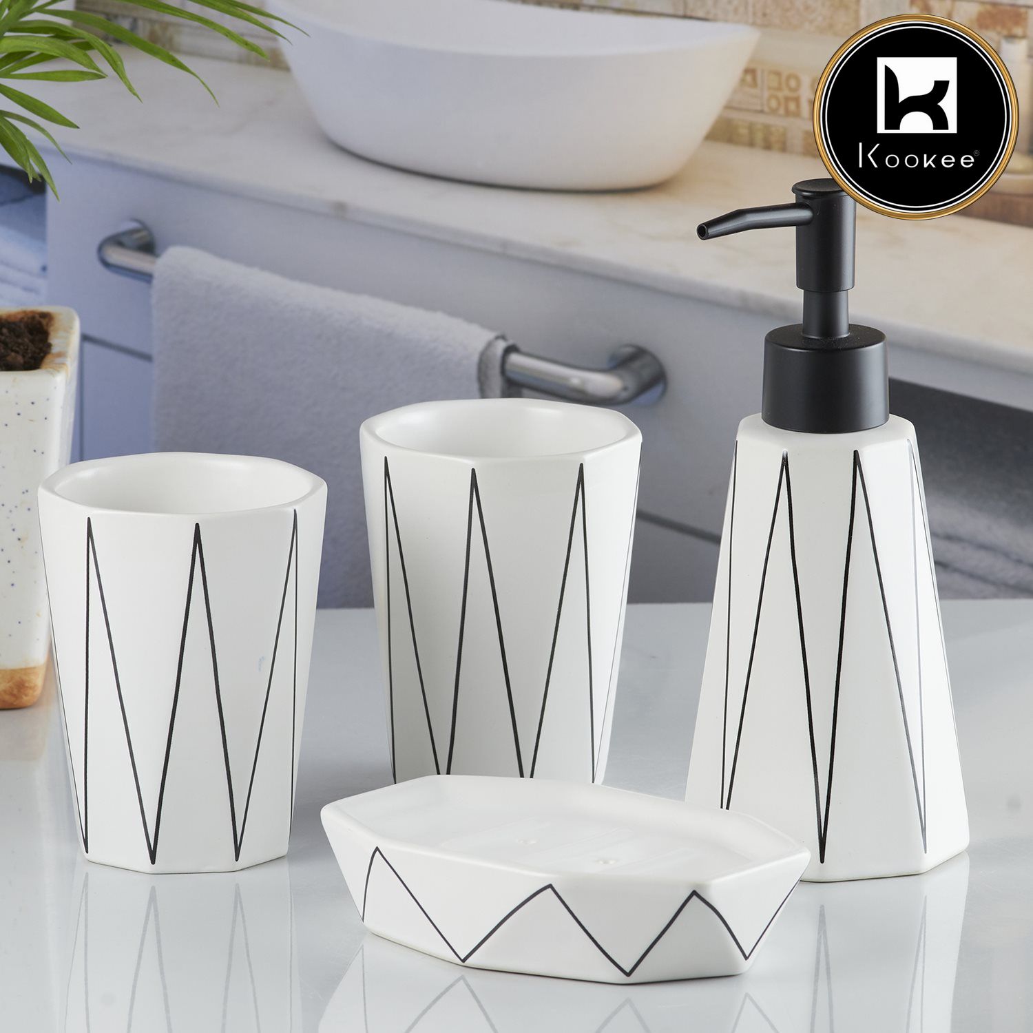 Ceramic Bathroom Accessories Set of 4 with Soap Dispenser (10244)