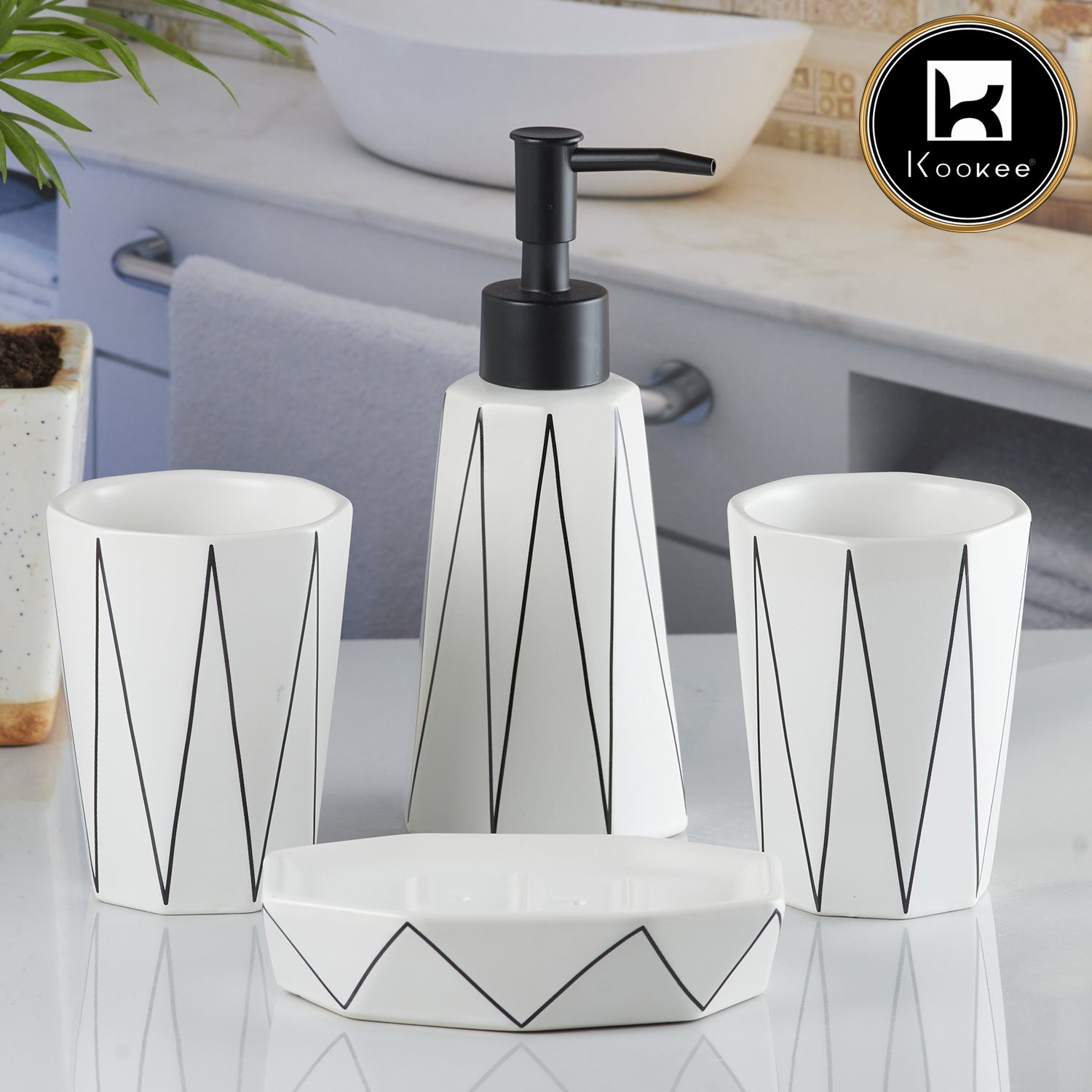 Ceramic Bathroom Accessories Set of 4 with Soap Dispenser (10244)