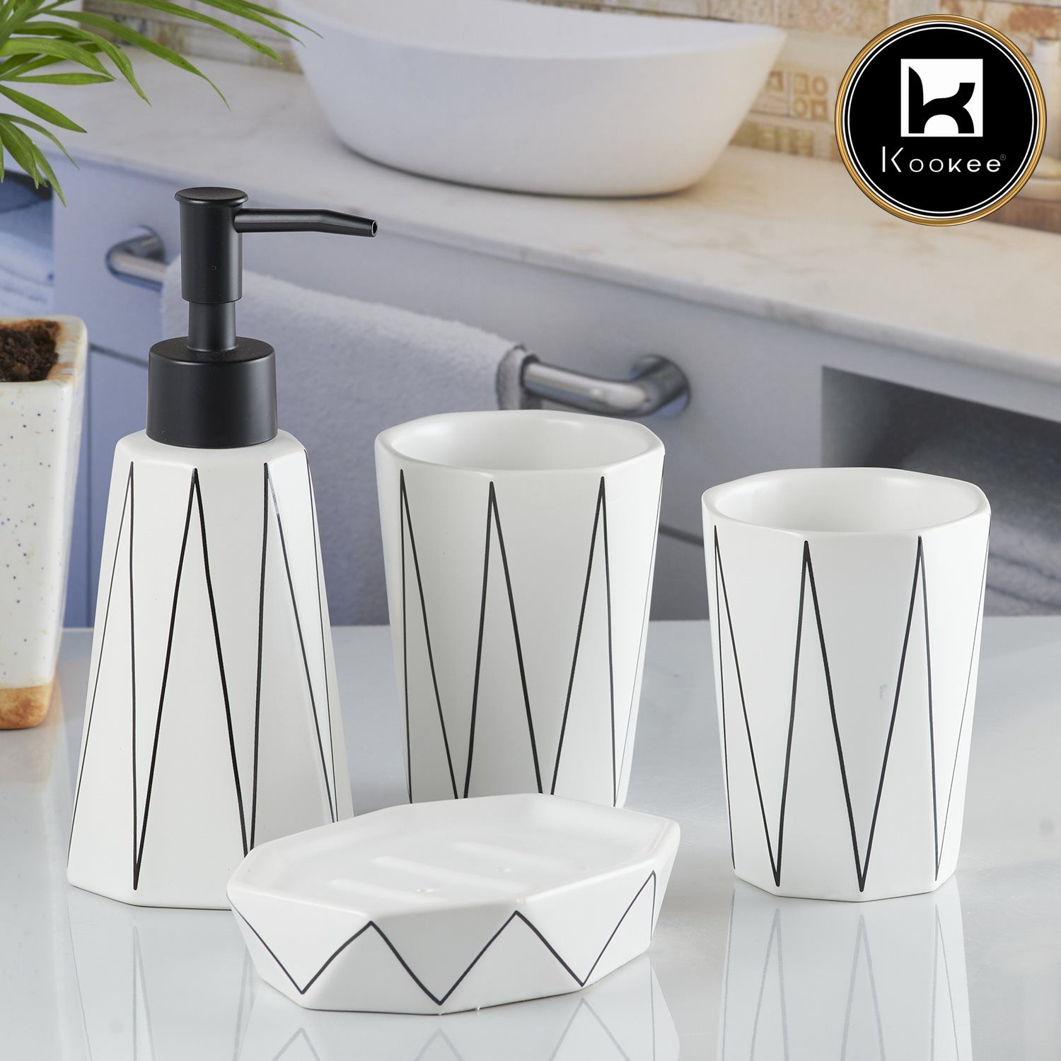 Kookee Ceramic Bathroom Accessories Set of 4, Modern Bath Set with Liquid handwash Soap Dispenser and Toothbrush holder, Luxury Gift Accessory for Home, White/Black