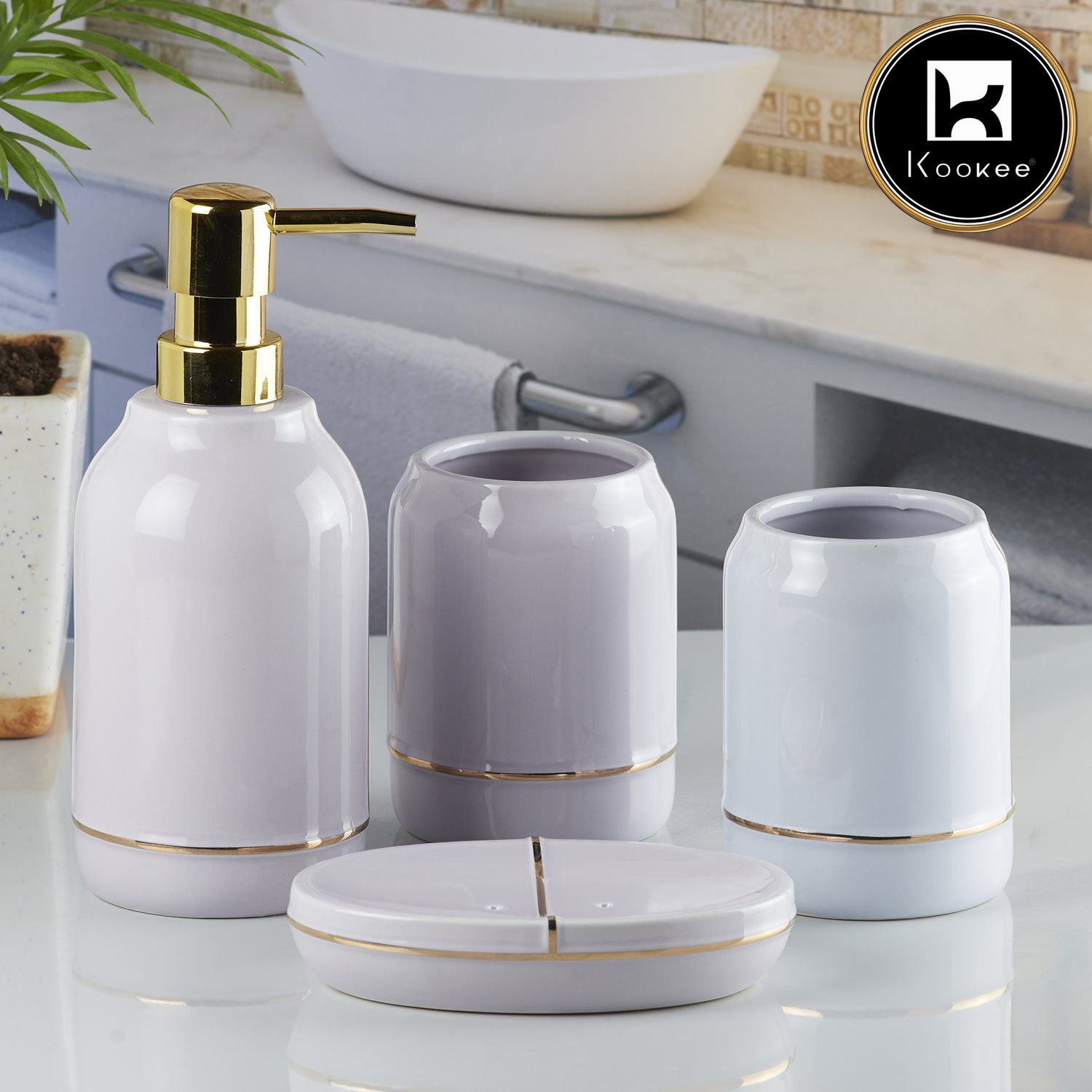 Ceramic Bathroom Accessories Set of 4 with Soap Dispenser (10248)