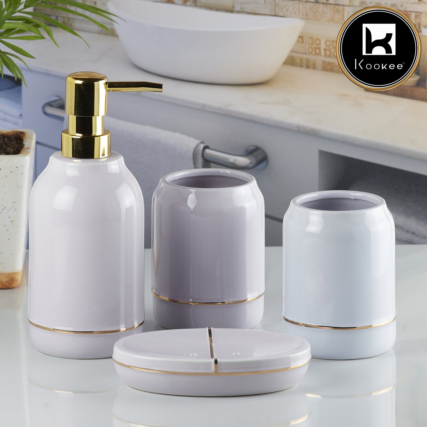 Kookee Ceramic Bathroom Accessories Set of 4, Modern Bath Set with Liquid handwash Soap Dispenser and Toothbrush holder, Luxury Gift Accessory for Home, Purple