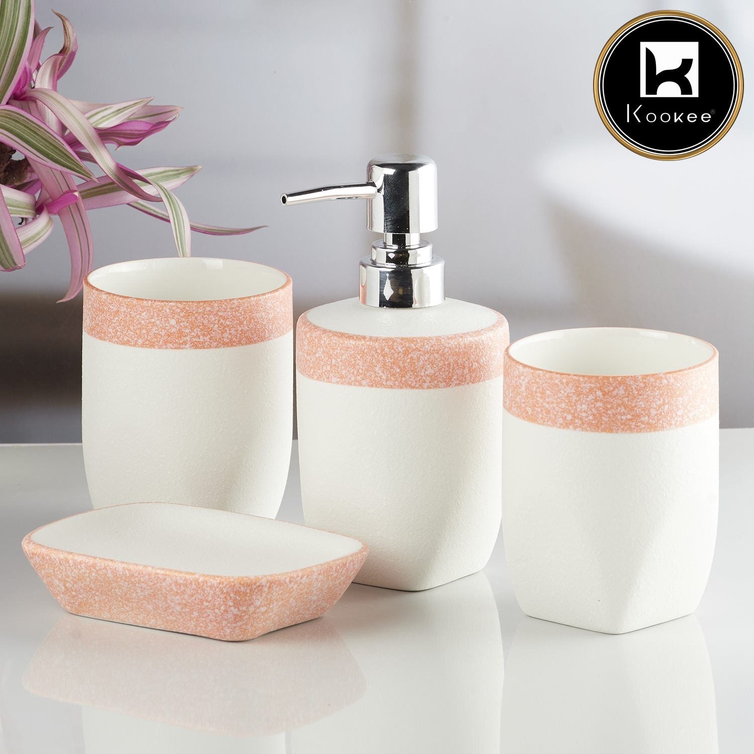 Kookee Ceramic Bathroom Accessories Set of 4, Modern Bath Set with Liquid handwash Soap Dispenser and Toothbrush holder, Luxury Gift Accessory for Home, White/Orange