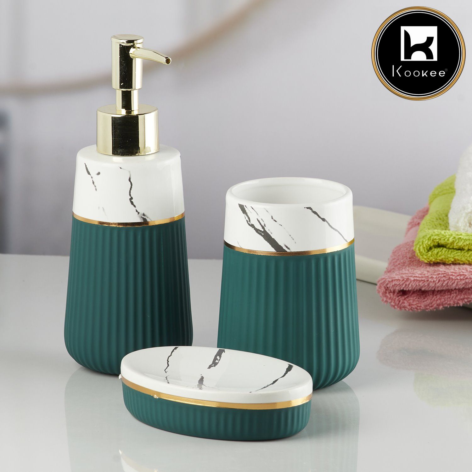 Ceramic Bathroom Accessories Set of 3 with Soap Dispenser (10258)