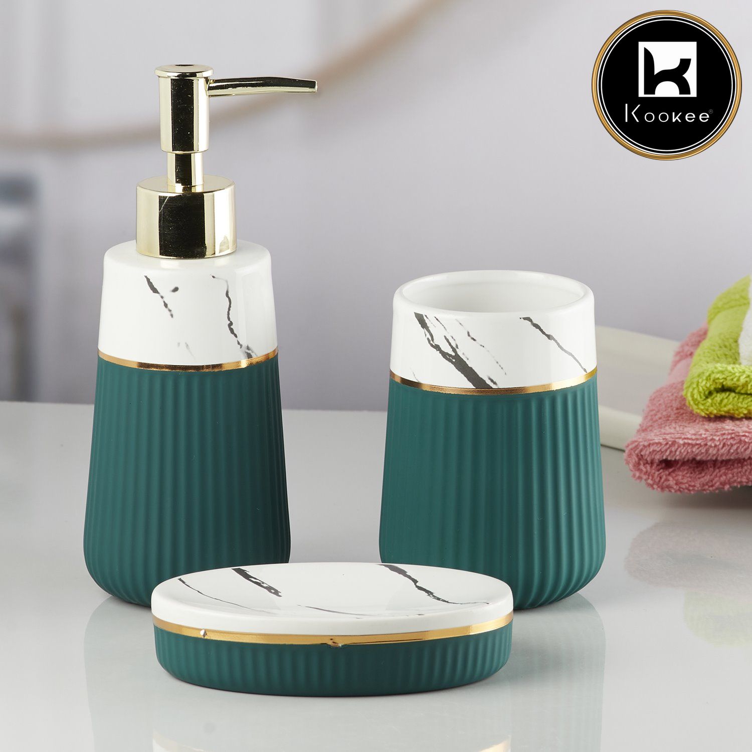 Kookee Ceramic Bathroom Accessories Set of 3, Modern Bath Set with Liquid handwash Soap Dispenser and Toothbrush holder, Luxury Gift Accessory for Home, White/Green