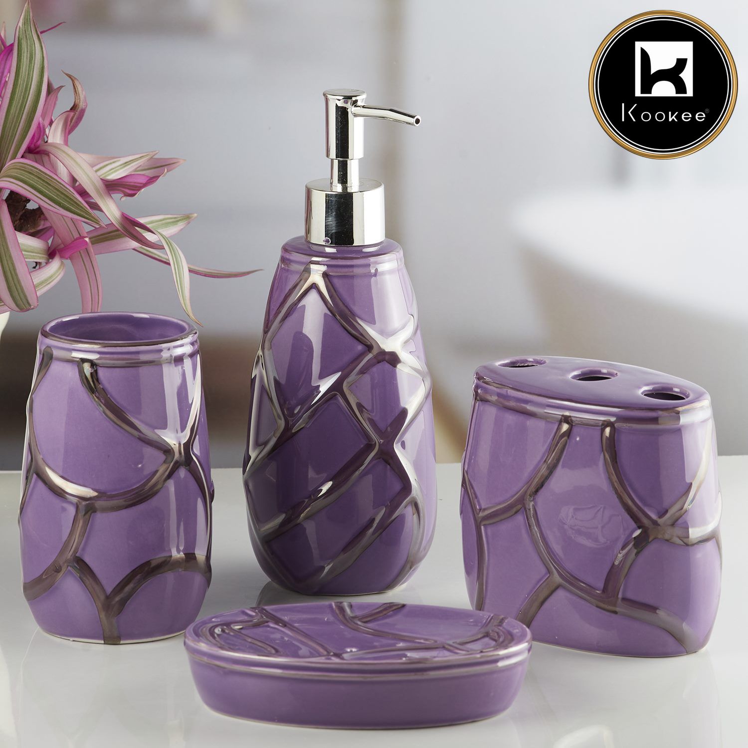 Ceramic Bathroom Accessories Set of 4 with Soap Dispenser (10259)