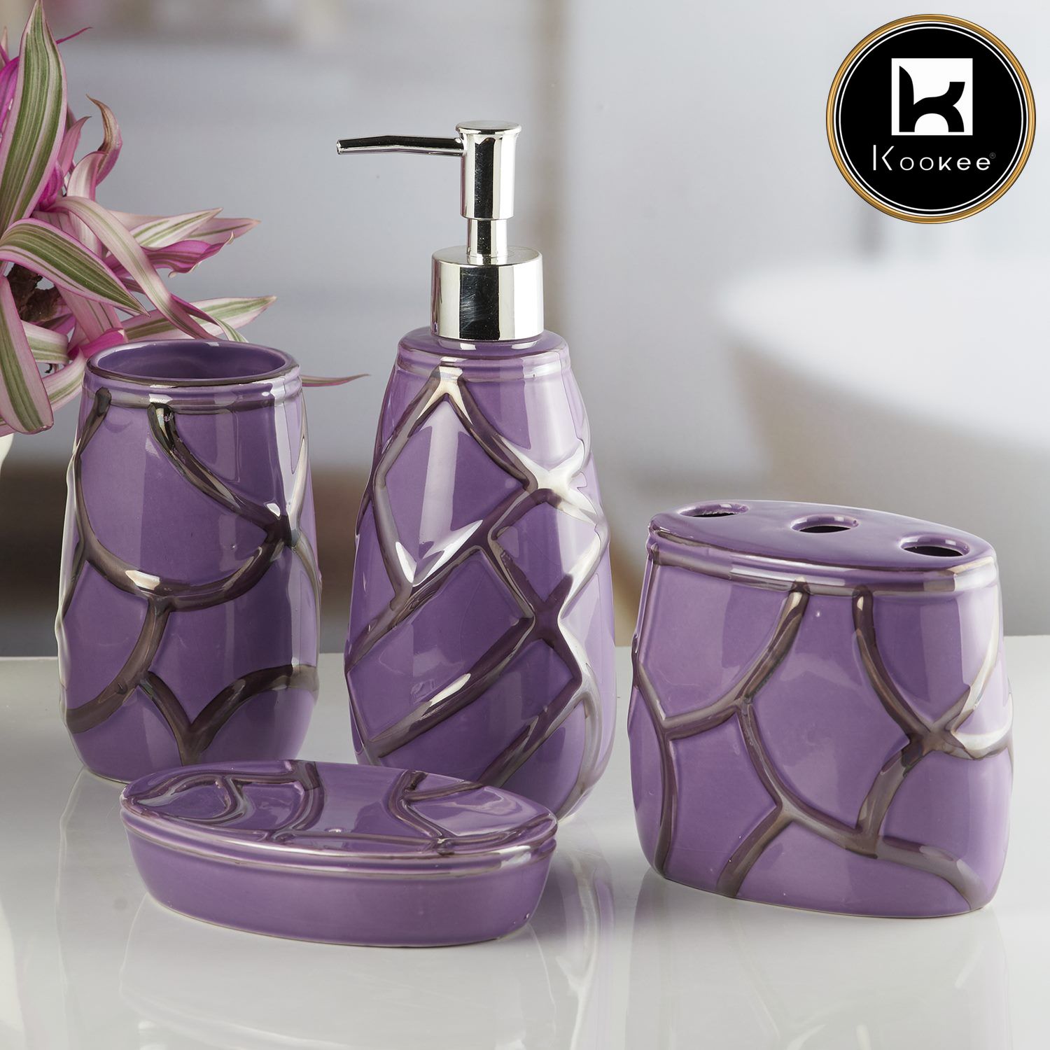 Ceramic Bathroom Accessories Set of 4 with Soap Dispenser (10259)