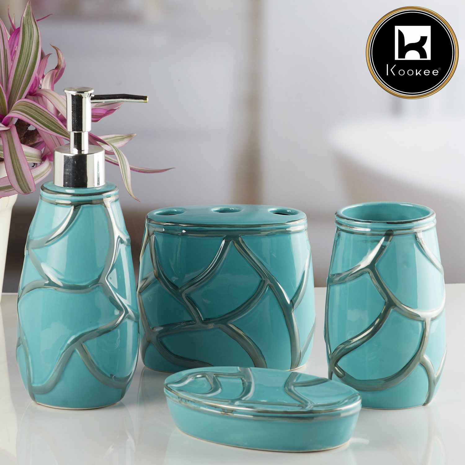 Ceramic Bathroom Set of 4 with Soap Dispenser (V-CBS-102)