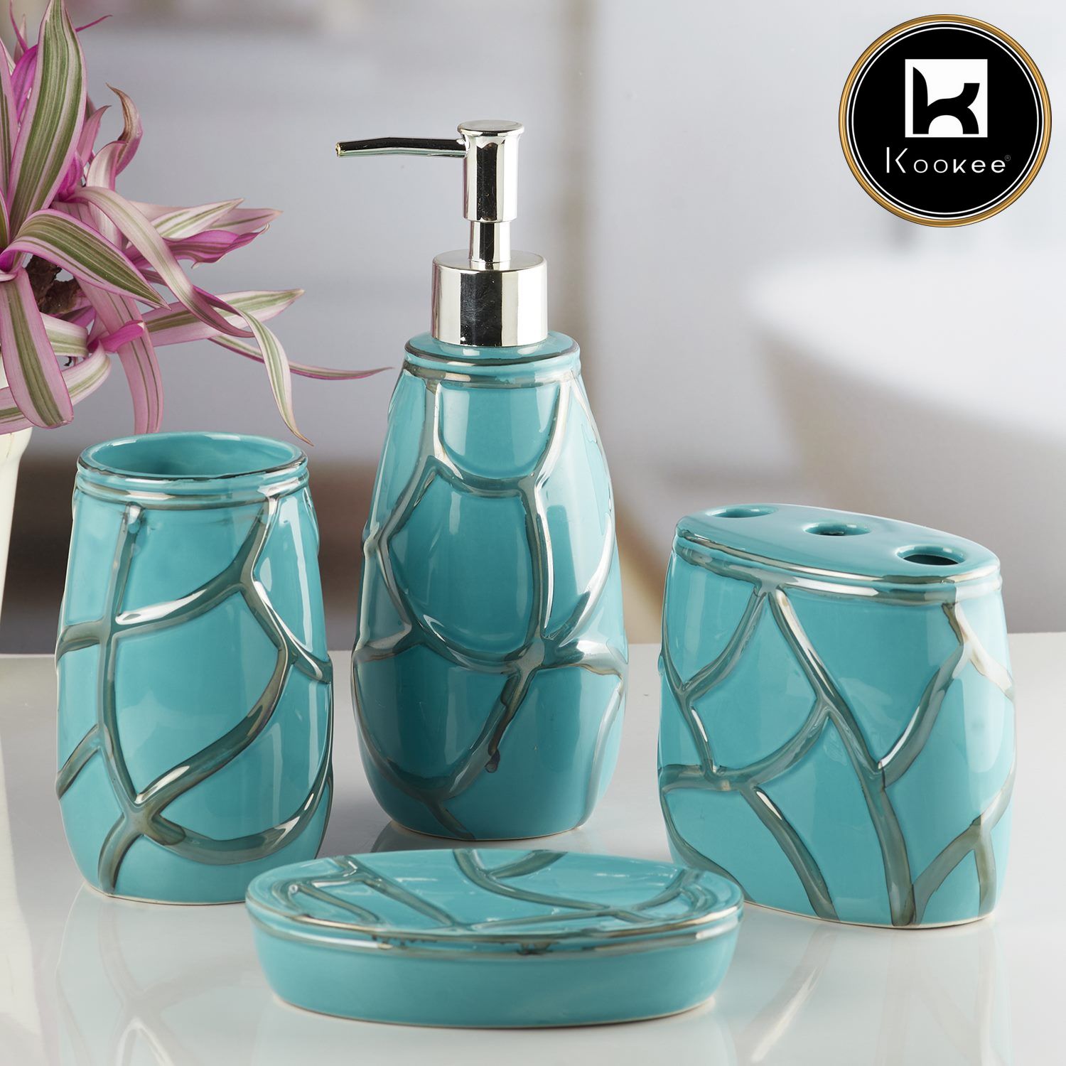 Ceramic Bathroom Set of 4 with Soap Dispenser (V-CBS-102)