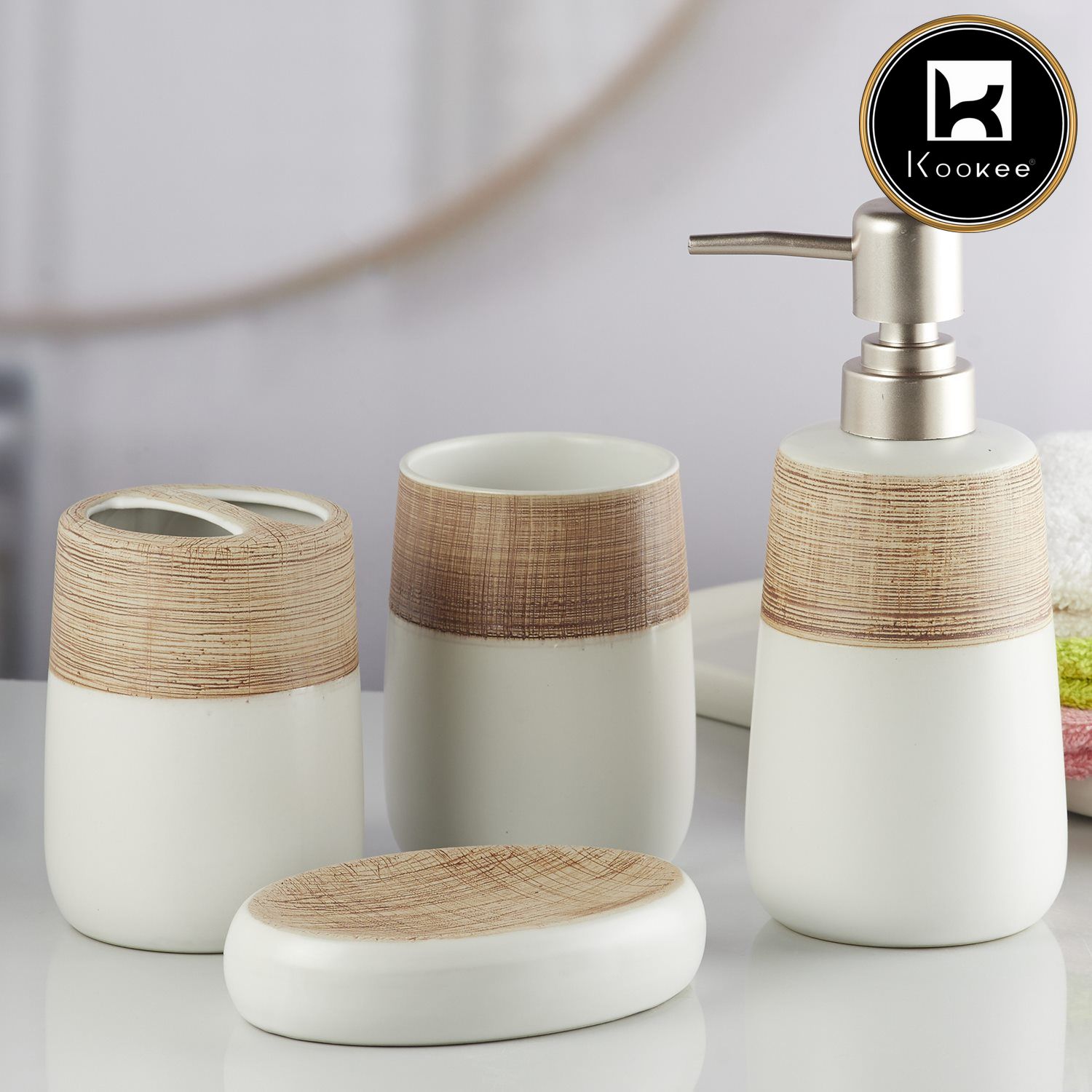 Ceramic Bathroom Accessories Set of 4 with Soap Dispenser (10261)