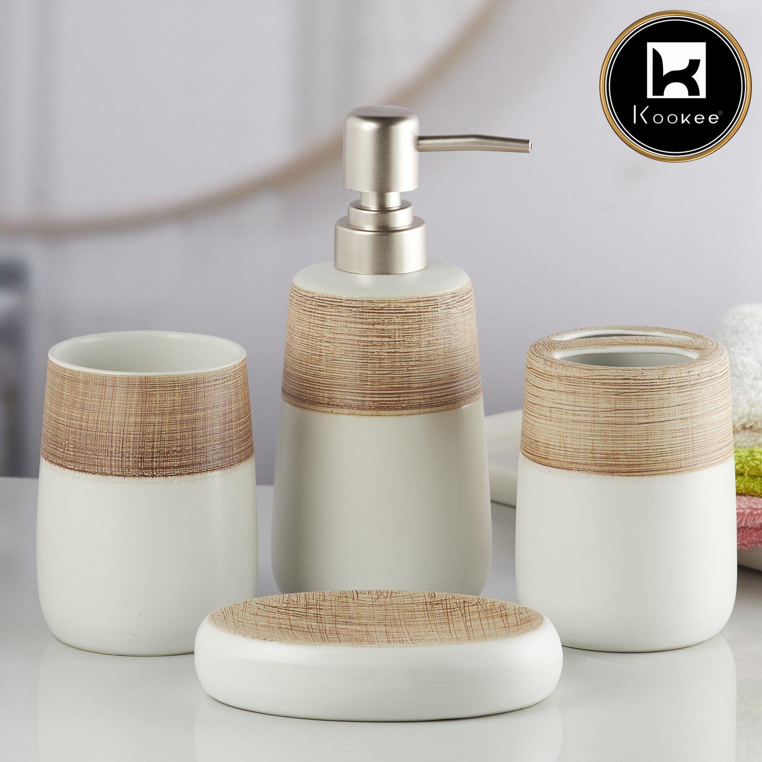 Ceramic Bathroom Accessories Set of 4 with Soap Dispenser (10261)