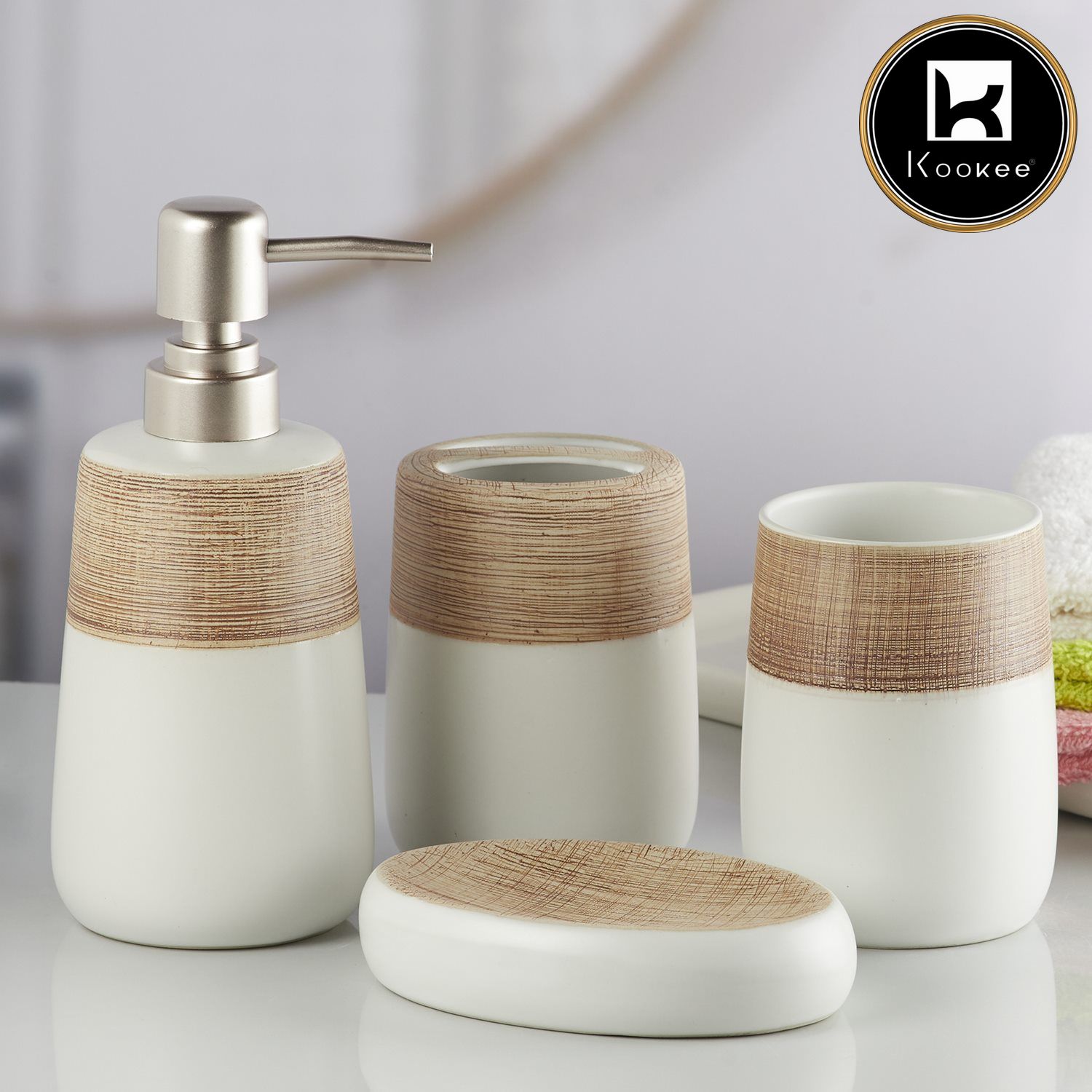 Kookee Ceramic Bathroom Accessories Set of 4, Modern Bath Set with Liquid handwash Soap Dispenser and Toothbrush holder, Luxury Gift Accessory for Home, Beige/Brown