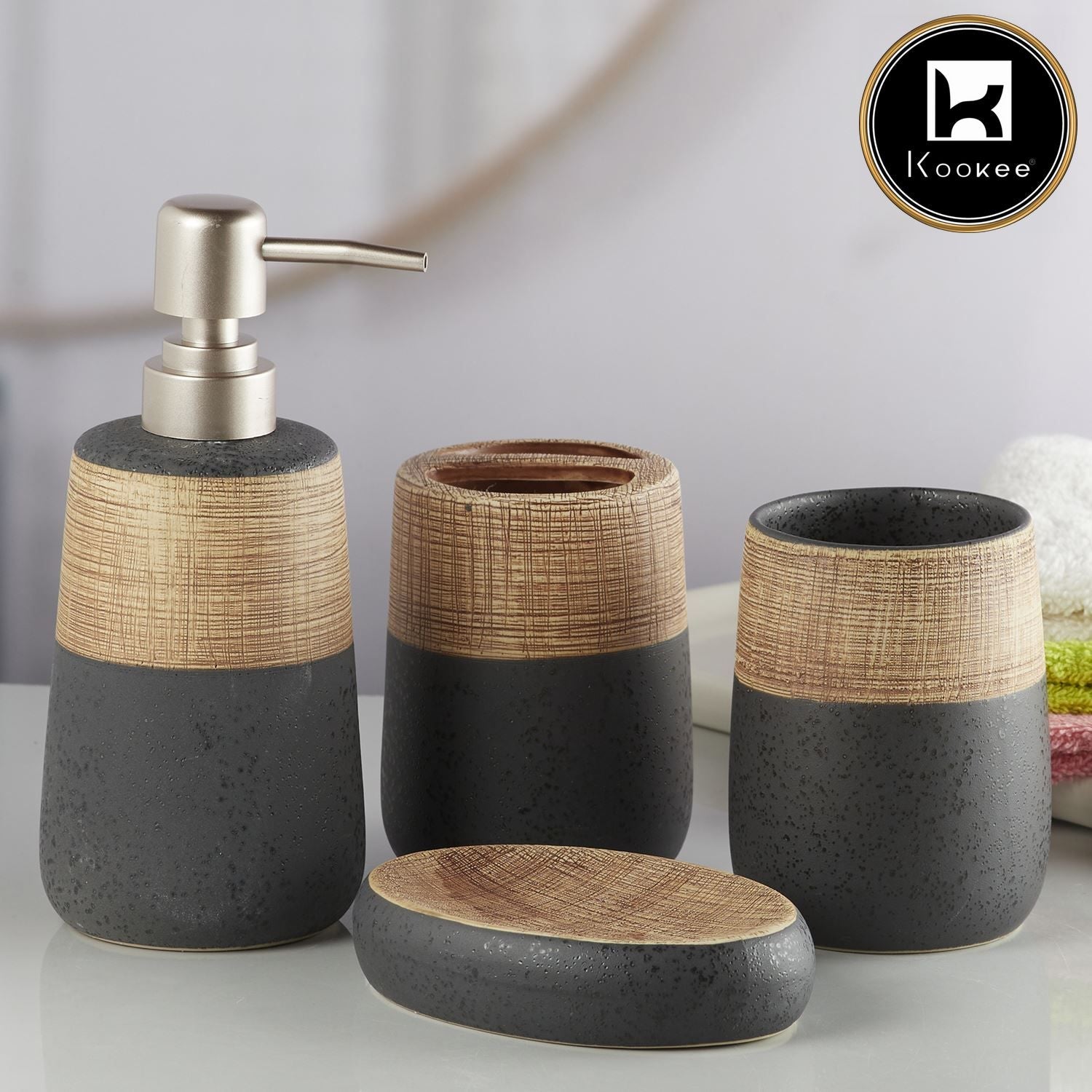 Ceramic Bathroom Accessories Set of 4 with Soap Dispenser (10262)