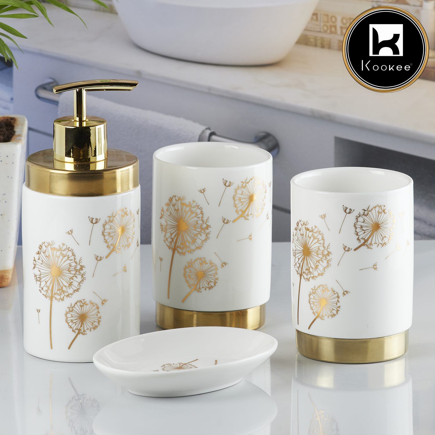 Kookee Ceramic Bathroom Accessories Set of 4, Modern Bath Set with Liquid handwash Soap Dispenser and Toothbrush holder, Luxury Gift Accessory for Home, White/Gold