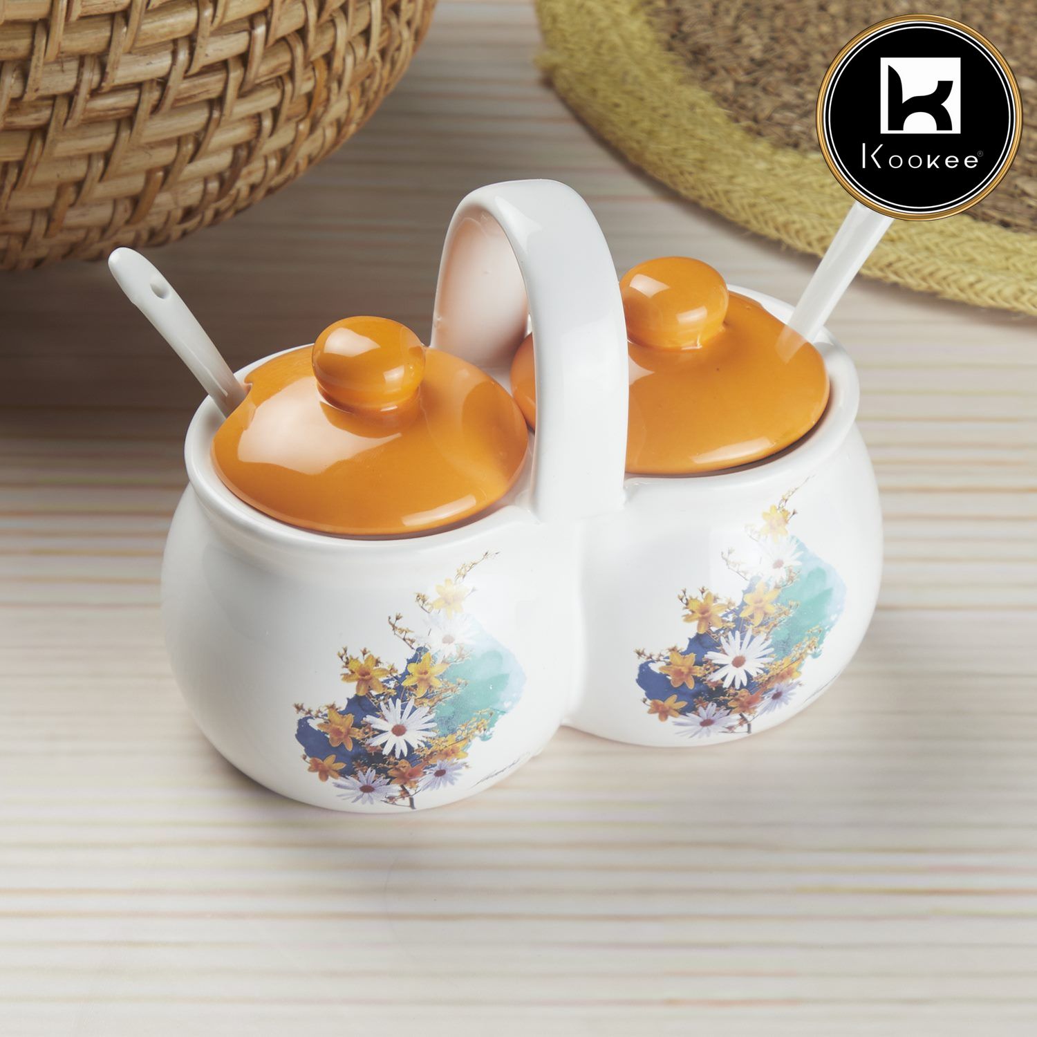 Ceramic Twin Condiment Jars with Lid & Spoon for Serving Pickle & Sauces (10271)