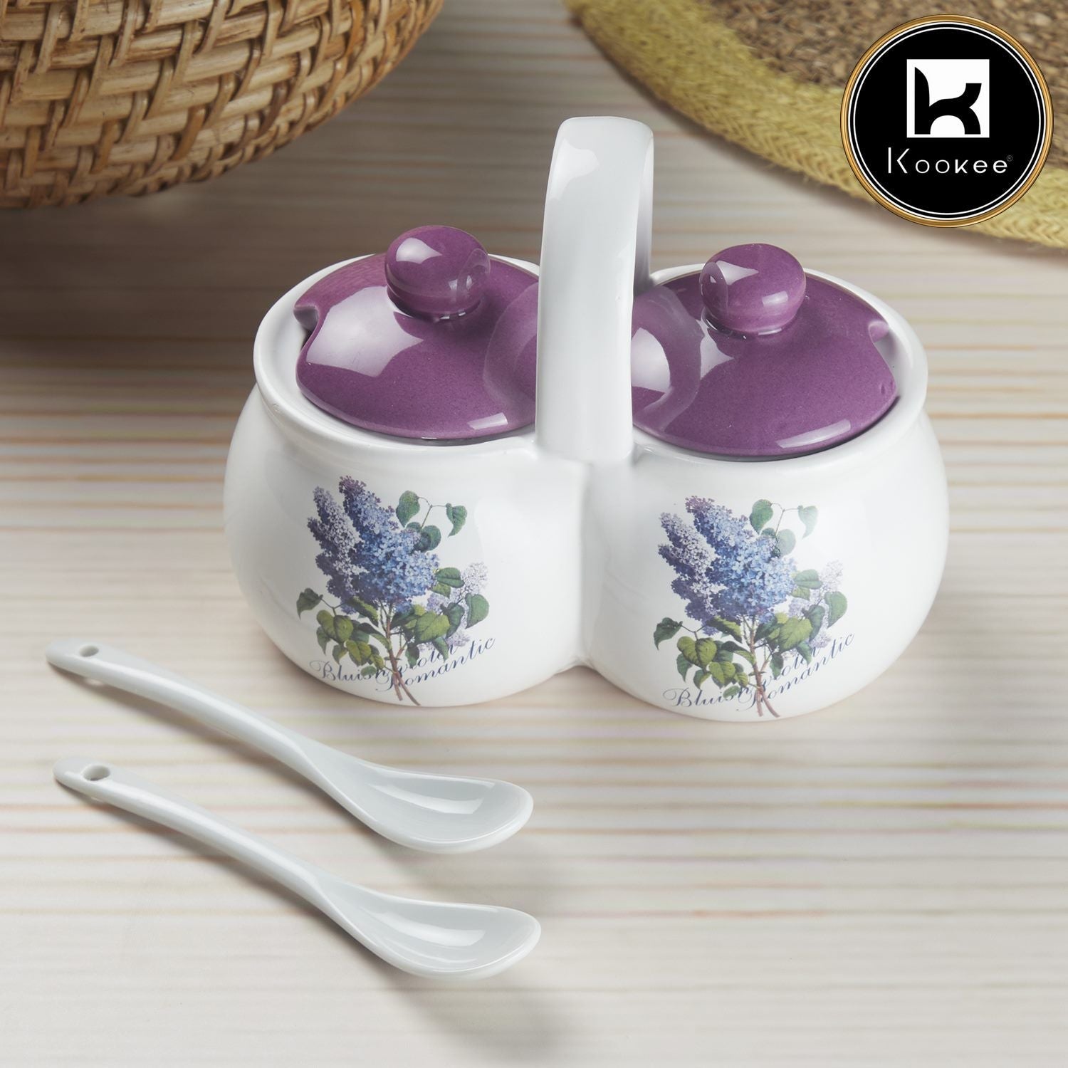 Ceramic Twin Condiment Jars with Lid & Spoon for Serving Pickle & Sauces (10272)