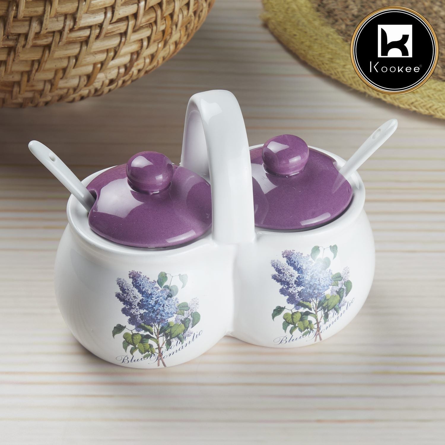 Ceramic Twin Condiment Jars with Lid & Spoon for Serving Pickle & Sauces (10272)