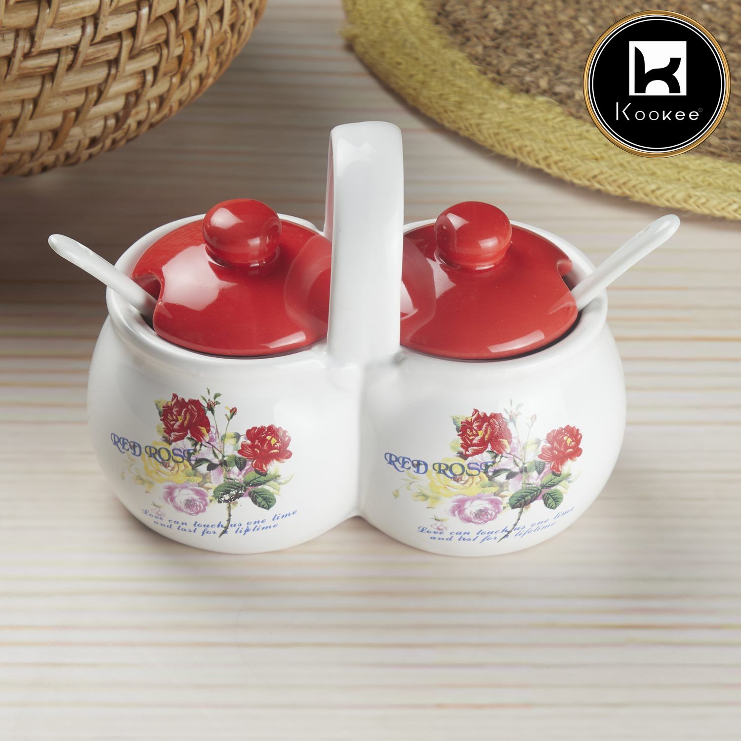 Kookee Ceramic Twin Condiment Jars with Lid & Spoon for Serving Pickle & Sauces (10273)