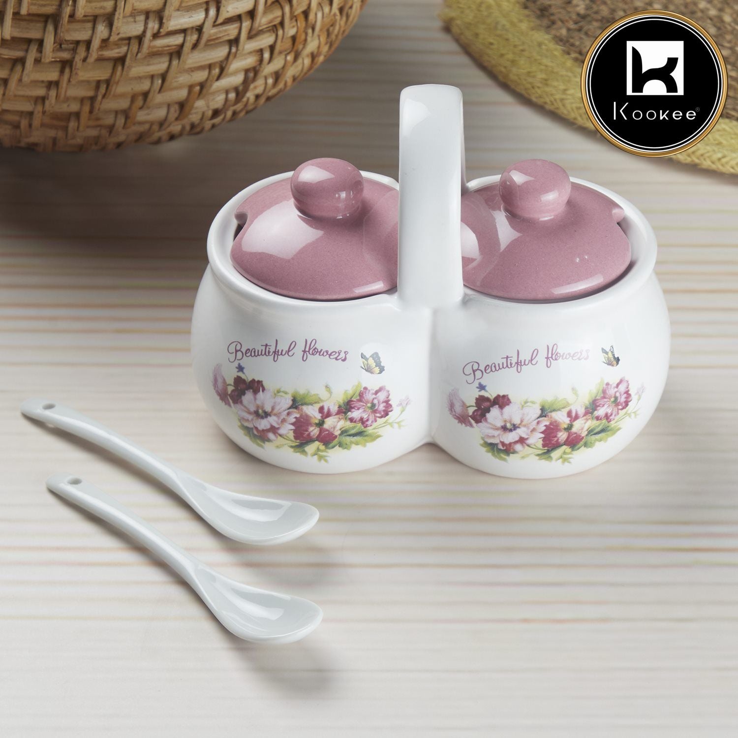 Ceramic Twin Condiment Jars with Lid & Spoon for Serving Pickle & Sauces (10274)