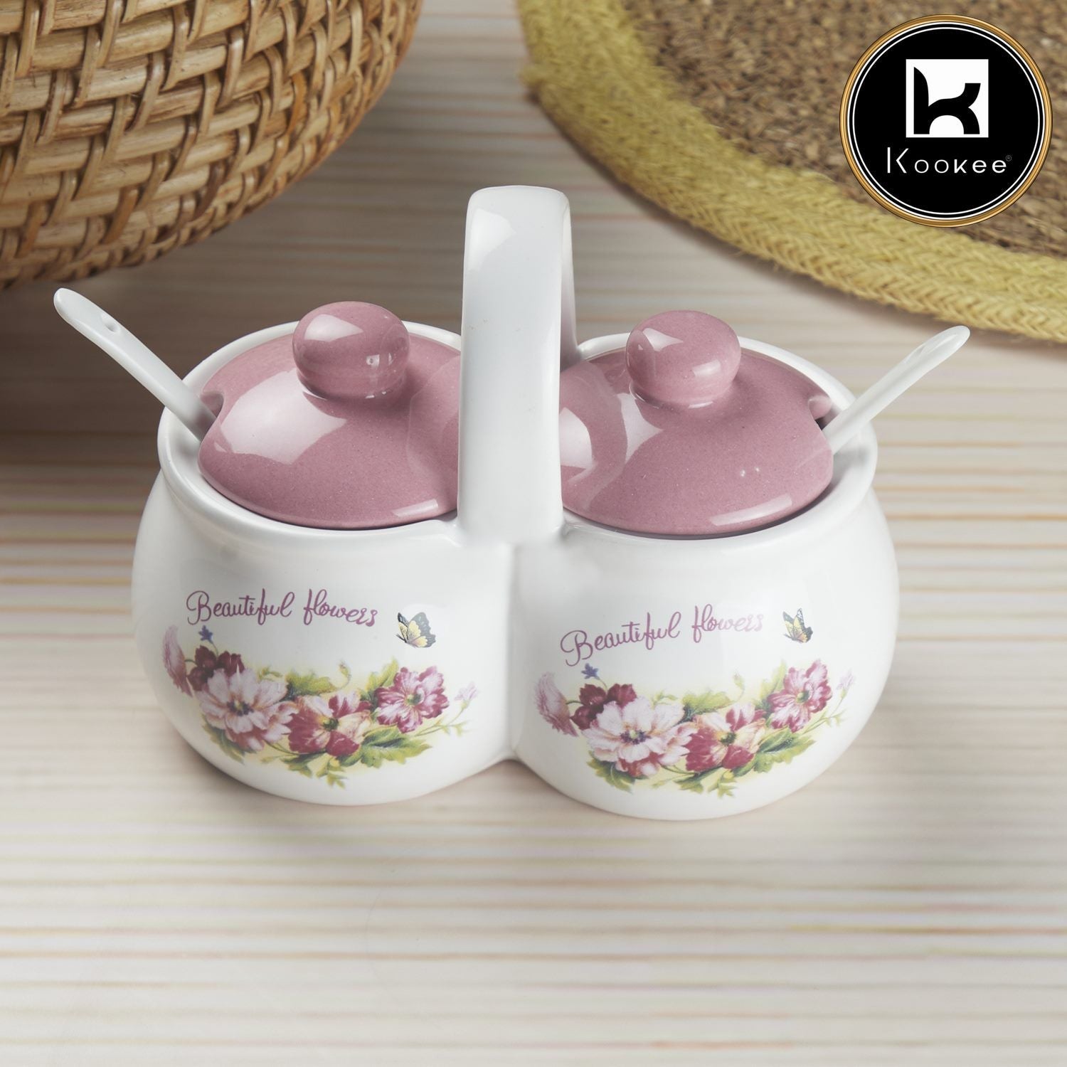 Kookee Ceramic Twin Condiment Jars with Lid & Spoon for Serving Pickle & Sauces (10274)