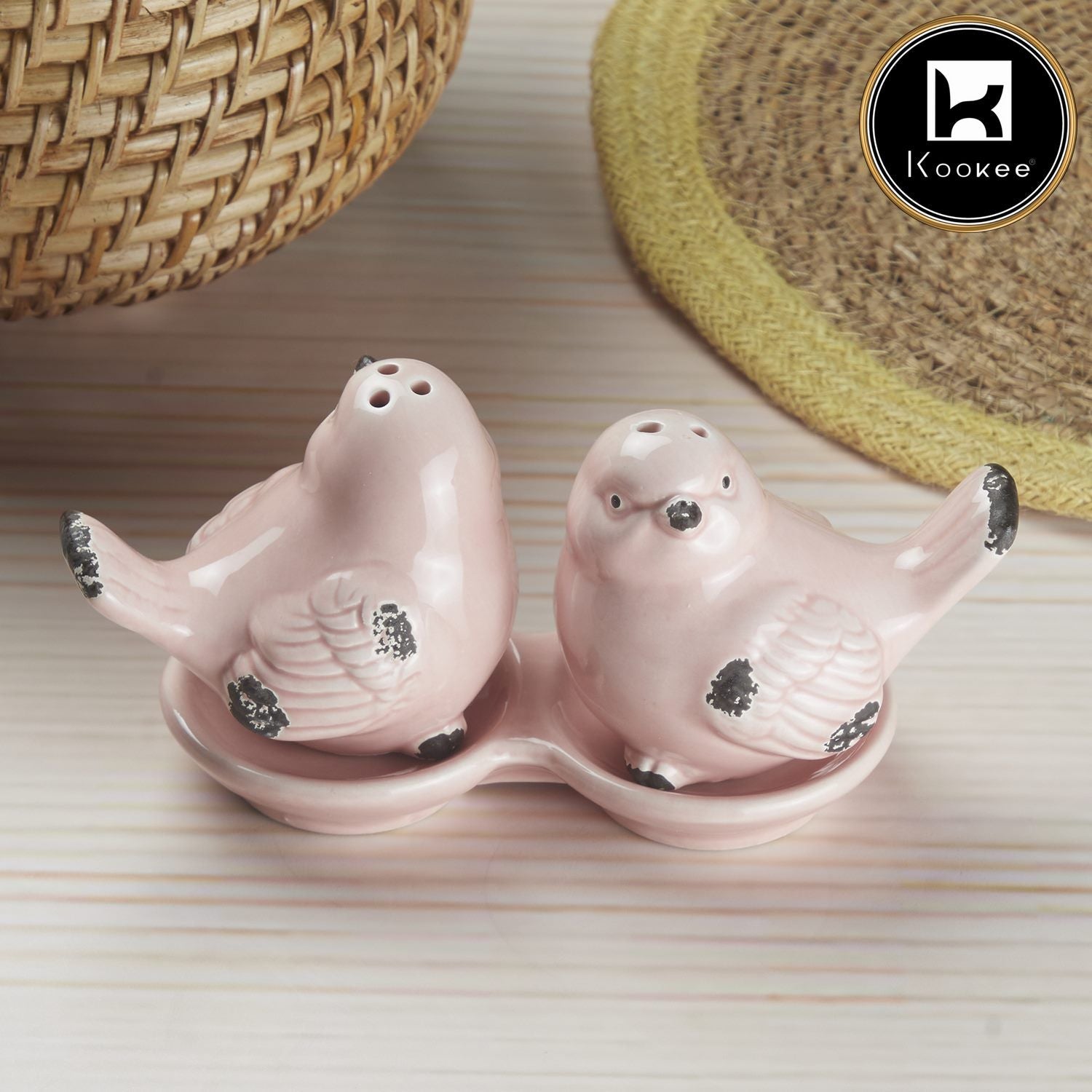 Ceramic Salt and Pepper Set with tray, Sparrow, Pink (10275)