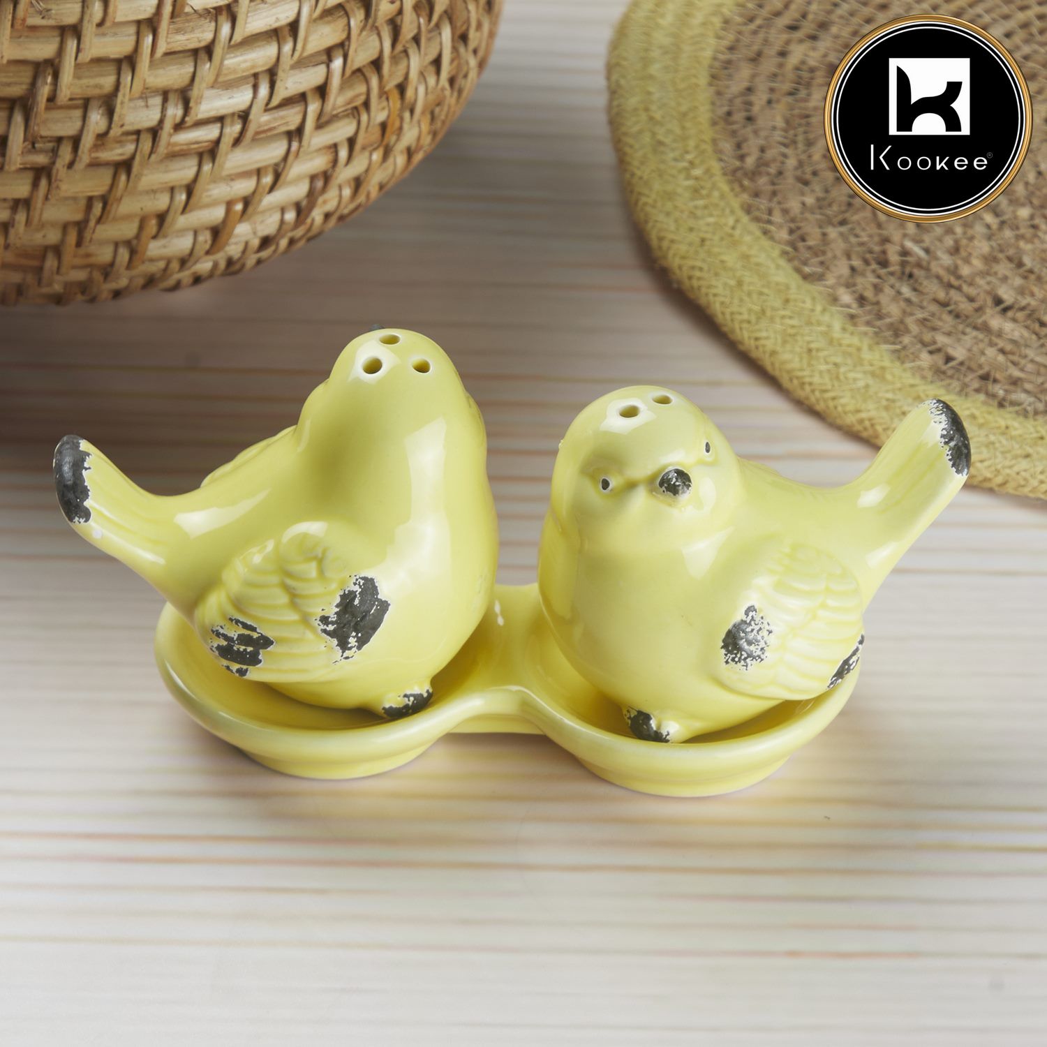 Ceramic Salt and Pepper Set with tray, Sparrow, Yellow (10276)