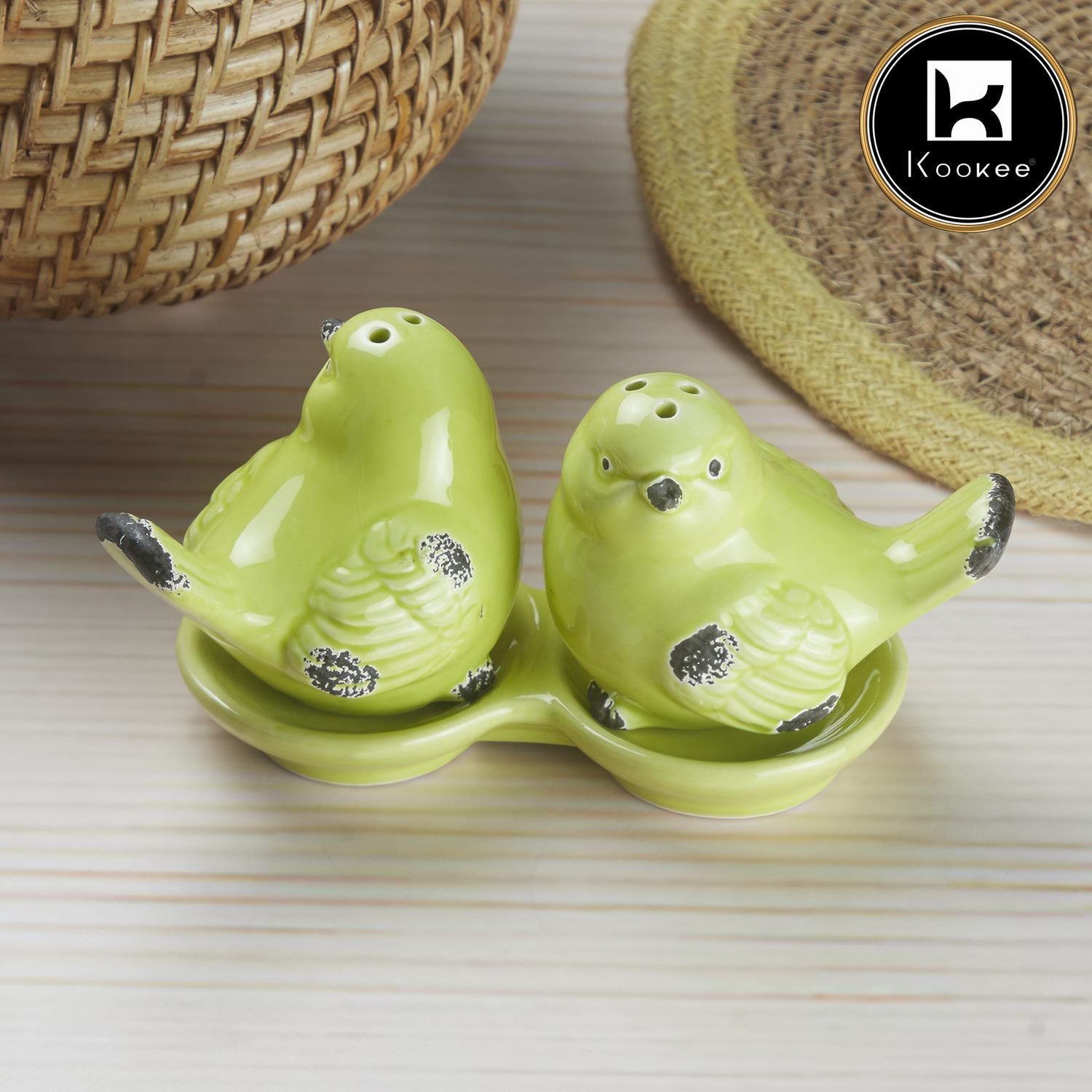 Ceramic Salt and Pepper Set with tray, Sparrow, Green (10277)