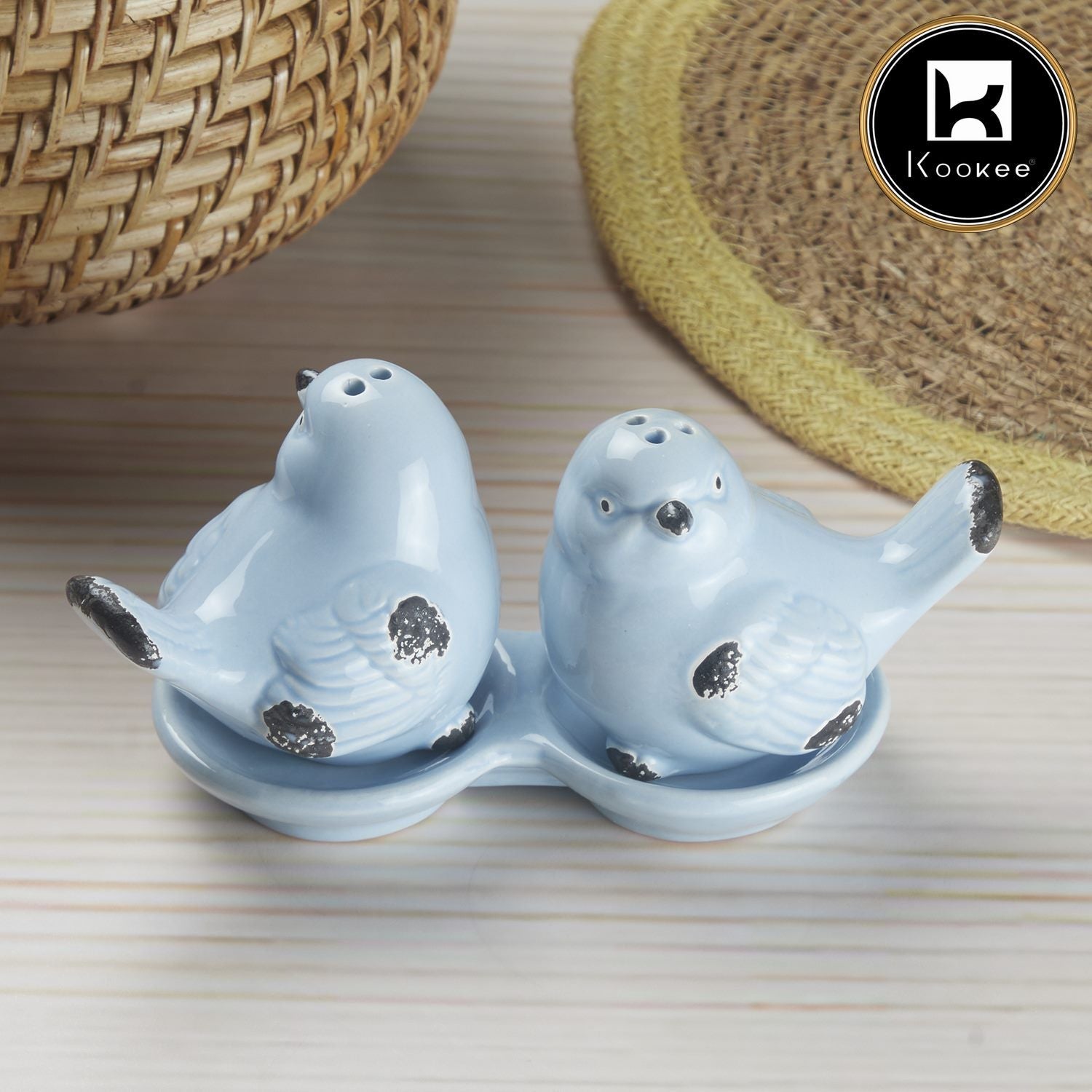 Ceramic Salt and Pepper Set with tray, Sparrow, Blue(10278)