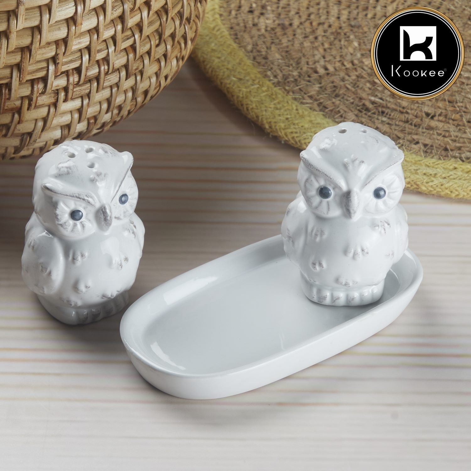 Kookee Ceramic Salt and Pepper Set with tray, Owl Design, White (10283)