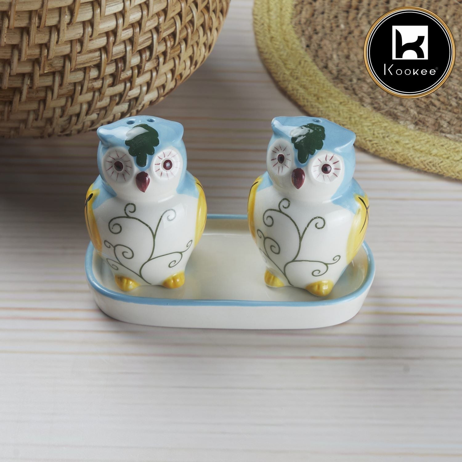 Ceramic Salt and Pepper Set with tray, Owl Design, Blue (10285)