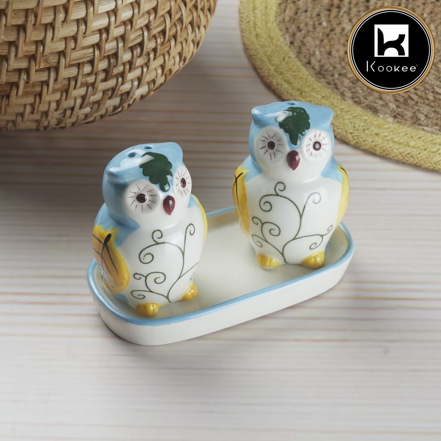 Ceramic Salt and Pepper Set with tray, Owl Design, Blue (10285)