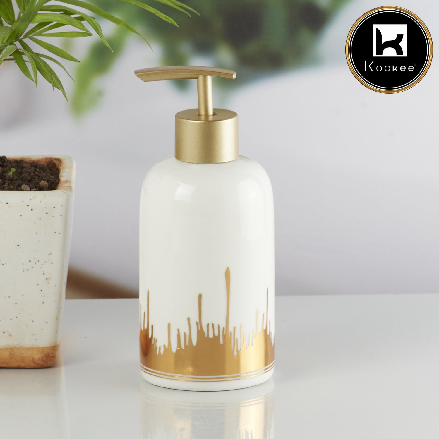 Kookee Ceramic Soap Dispenser with Stylish Refillable Pump Bottle for Bathroom Handwash & Kitchen Wash Basin, Perfect for Hand Soap, Lotion, and more, White/Gold,