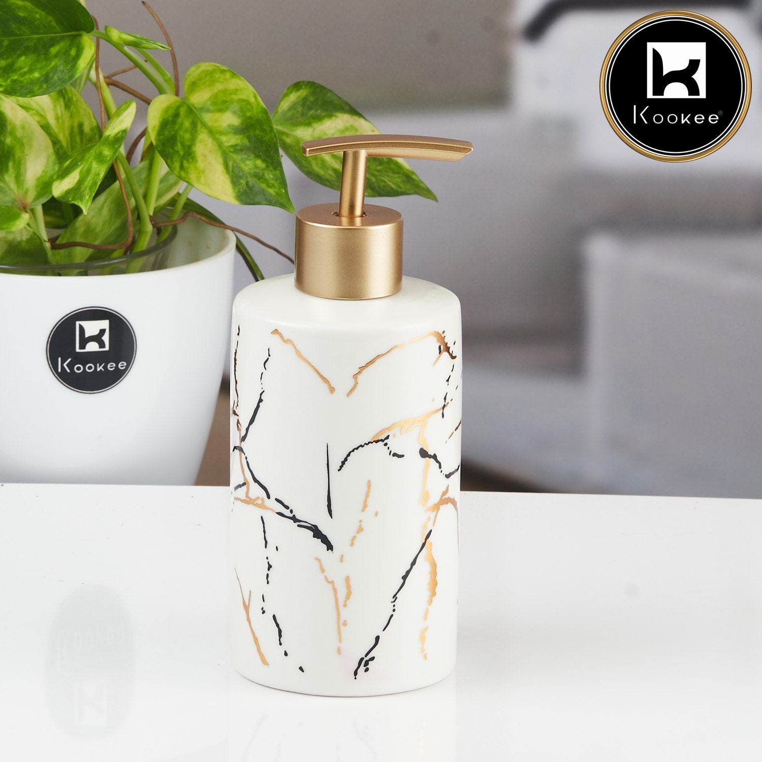 Kookee Ceramic Soap Dispenser with Stylish Refillable Pump Bottle for Bathroom Handwash & Kitchen Wash Basin, Perfect for Hand Soap, Lotion, and more, White/Gold,