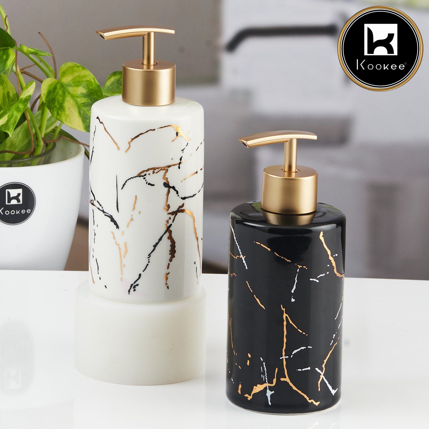 Ceramic Soap Dispenser for handwash for Bathroom, Black/Gold, (Set of 1) (10292)