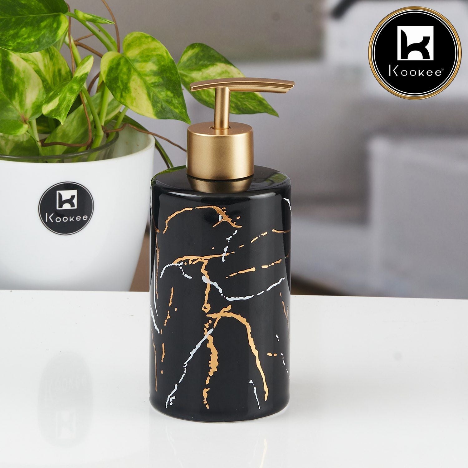 Kookee Ceramic Soap Dispenser with Stylish Refillable Pump Bottle for Bathroom Handwash & Kitchen Wash Basin, Perfect for Hand Soap, Lotion, and more, Black/Gold,