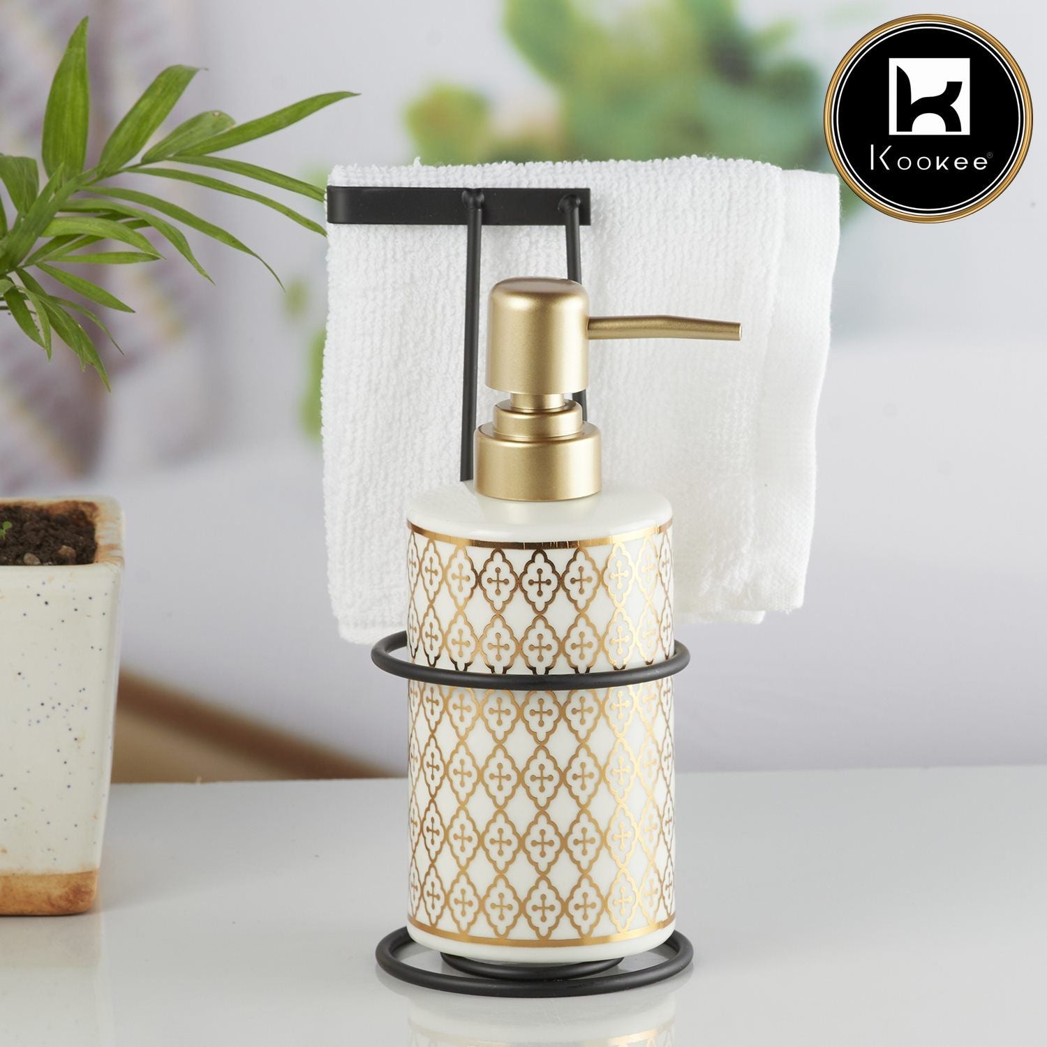 Kookee Ceramic Soap Dispenser with Stylish Refillable Pump Bottle for Bathroom Handwash & Kitchen Wash Basin, Perfect for Hand Soap, Lotion, and more, White/Gold,