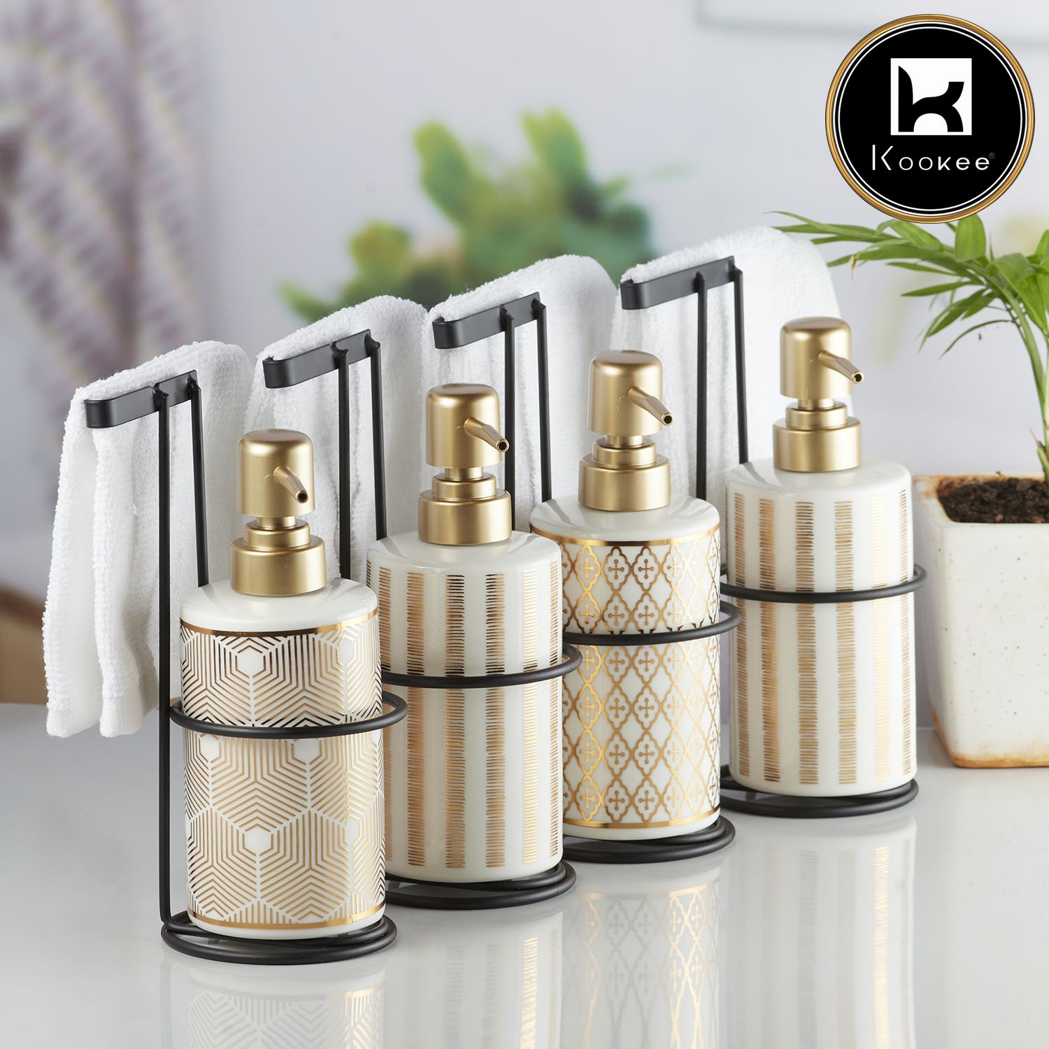 Ceramic Soap Dispenser for handwash for Bathroom, White/Gold, (Set of 1) (10294)