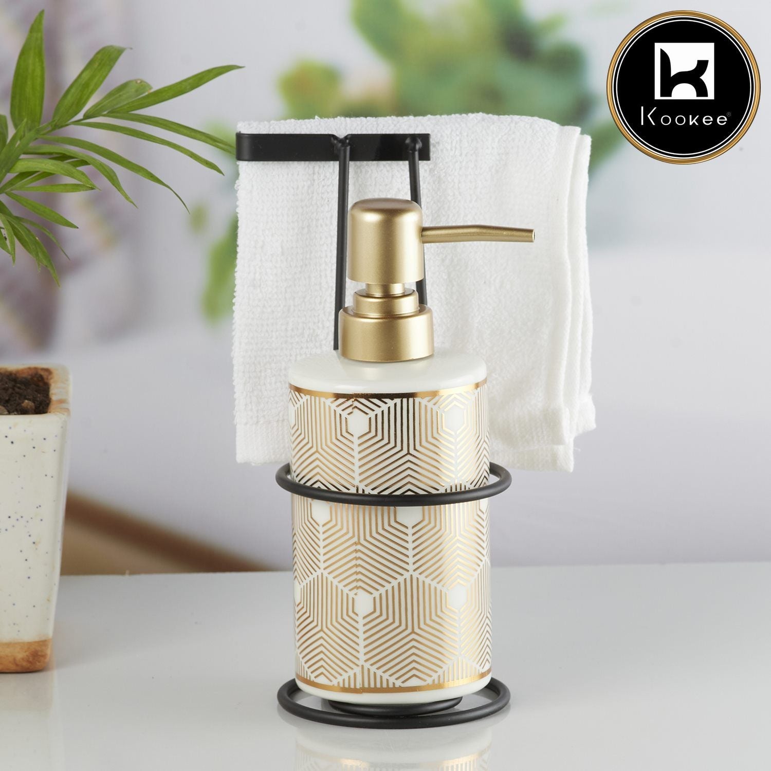 Kookee Ceramic Soap Dispenser with Stylish Refillable Pump Bottle for Bathroom Handwash & Kitchen Wash Basin, Perfect for Hand Soap, Lotion, and more, White/Gold,