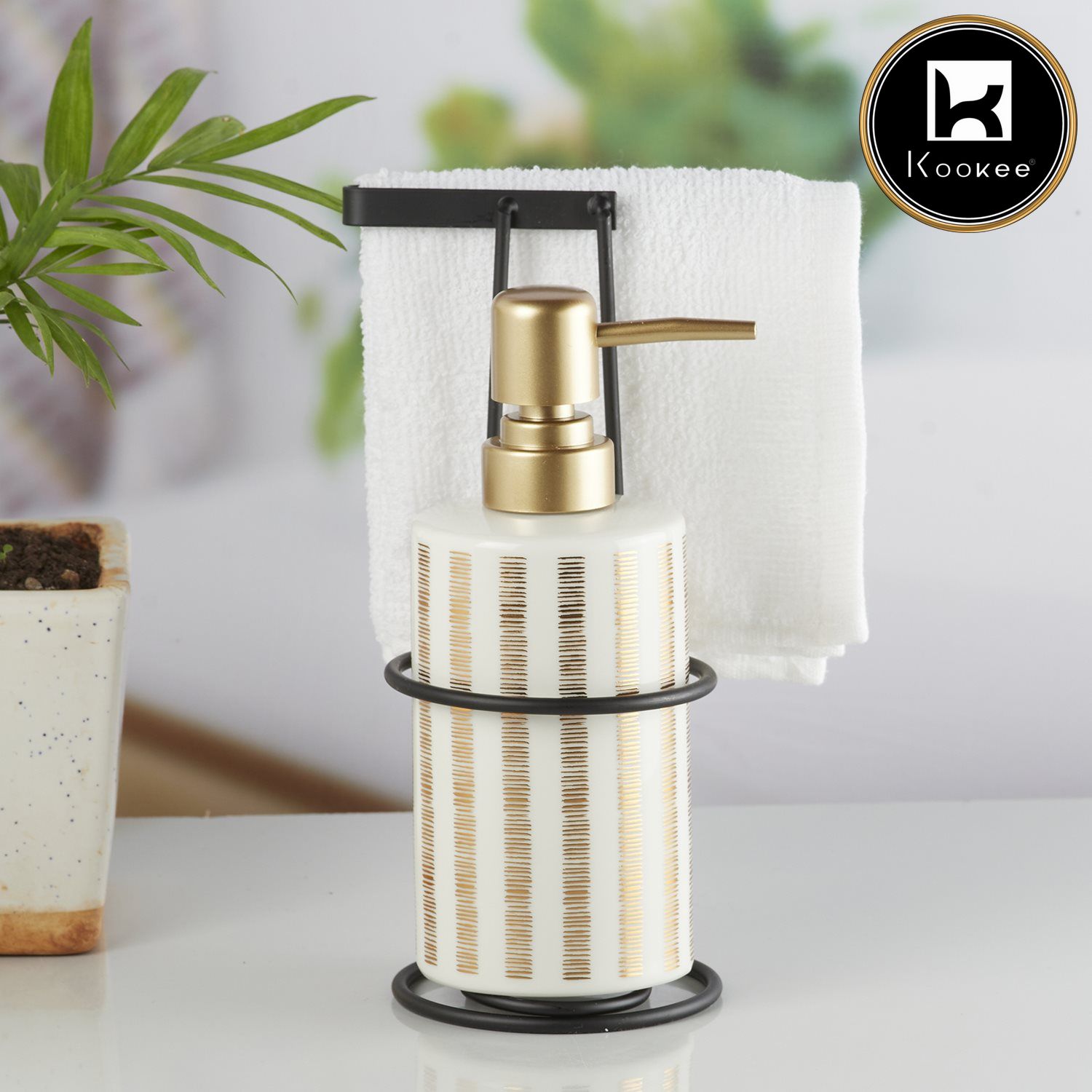 Kookee Ceramic Soap Dispenser with Stylish Refillable Pump Bottle for Bathroom Handwash & Kitchen Wash Basin, Perfect for Hand Soap, Lotion, and more, White/Gold,