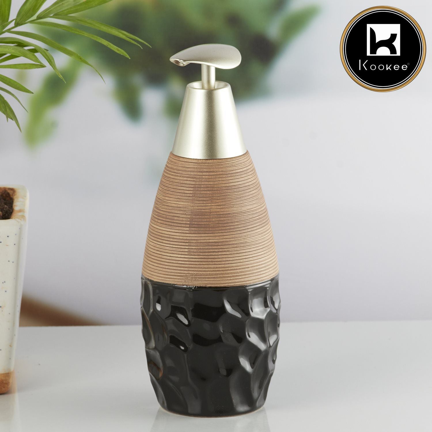 Ceramic Soap Dispenser for handwash for Bathroom, Beige/Black (V-CSD-031)