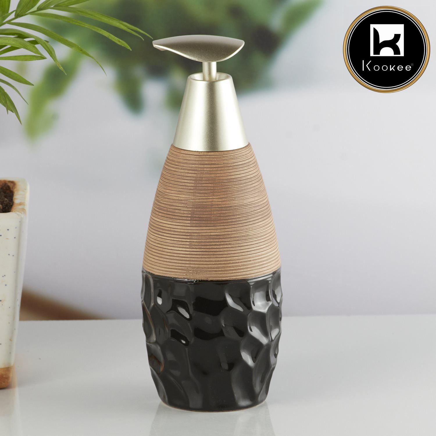 Ceramic Soap Dispenser for handwash for Bathroom, Beige/Black (V-CSD-031)