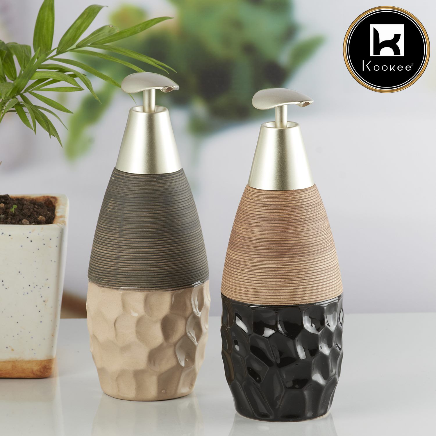 Ceramic Soap Dispenser for handwash for Bathroom, Beige/Black (V-CSD-031)