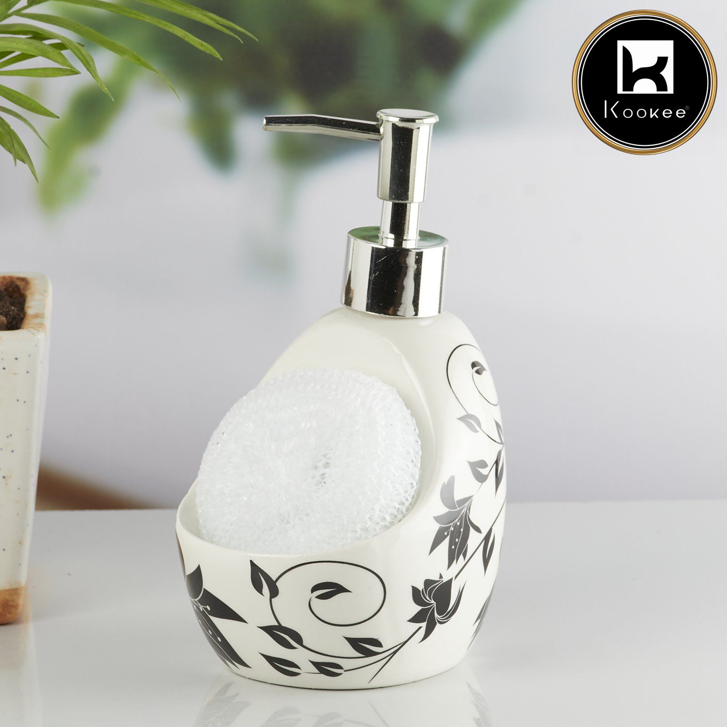 Kookee Ceramic Soap Dispenser with Stylish Refillable Pump Bottle for Bathroom Handwash & Kitchen Wash Basin, Perfect for Hand Soap, Lotion, and more, White/Black,