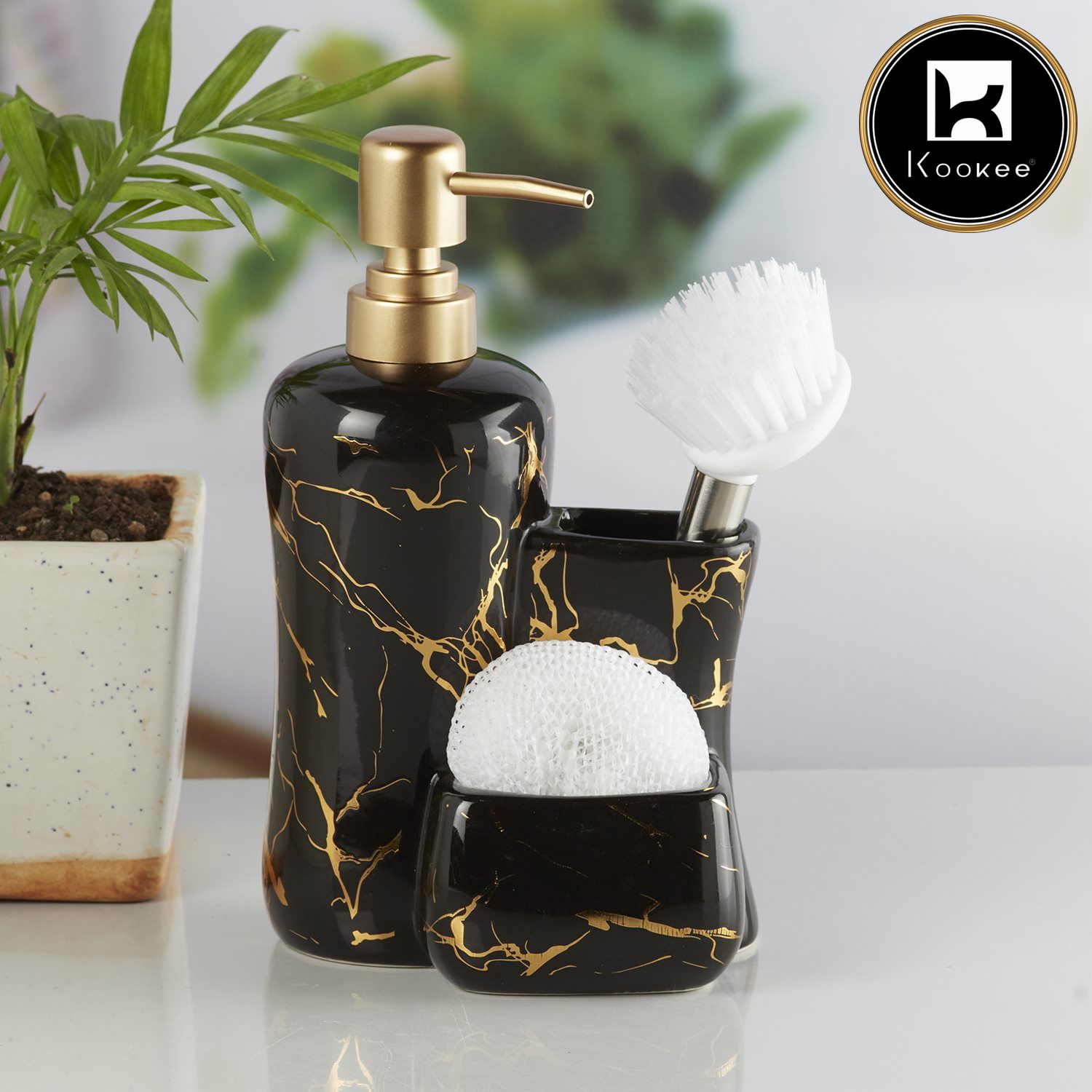 Kookee Ceramic Soap Dispenser with Stylish Refillable Pump Bottle for Bathroom Handwash & Kitchen Wash Basin, Perfect for Hand Soap, Lotion, and more, Black/Gold,