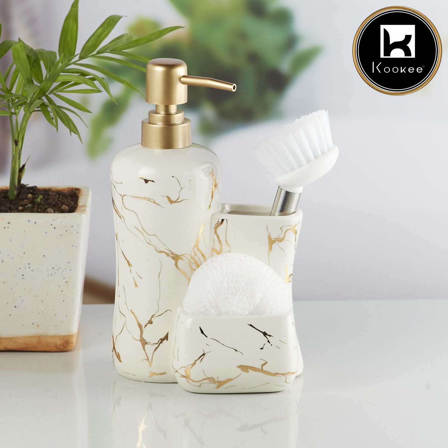 Kookee Ceramic Soap Dispenser with Stylish Refillable Pump Bottle for Bathroom Handwash & Kitchen Wash Basin, Perfect for Hand Soap, Lotion, and more, White/Gold,