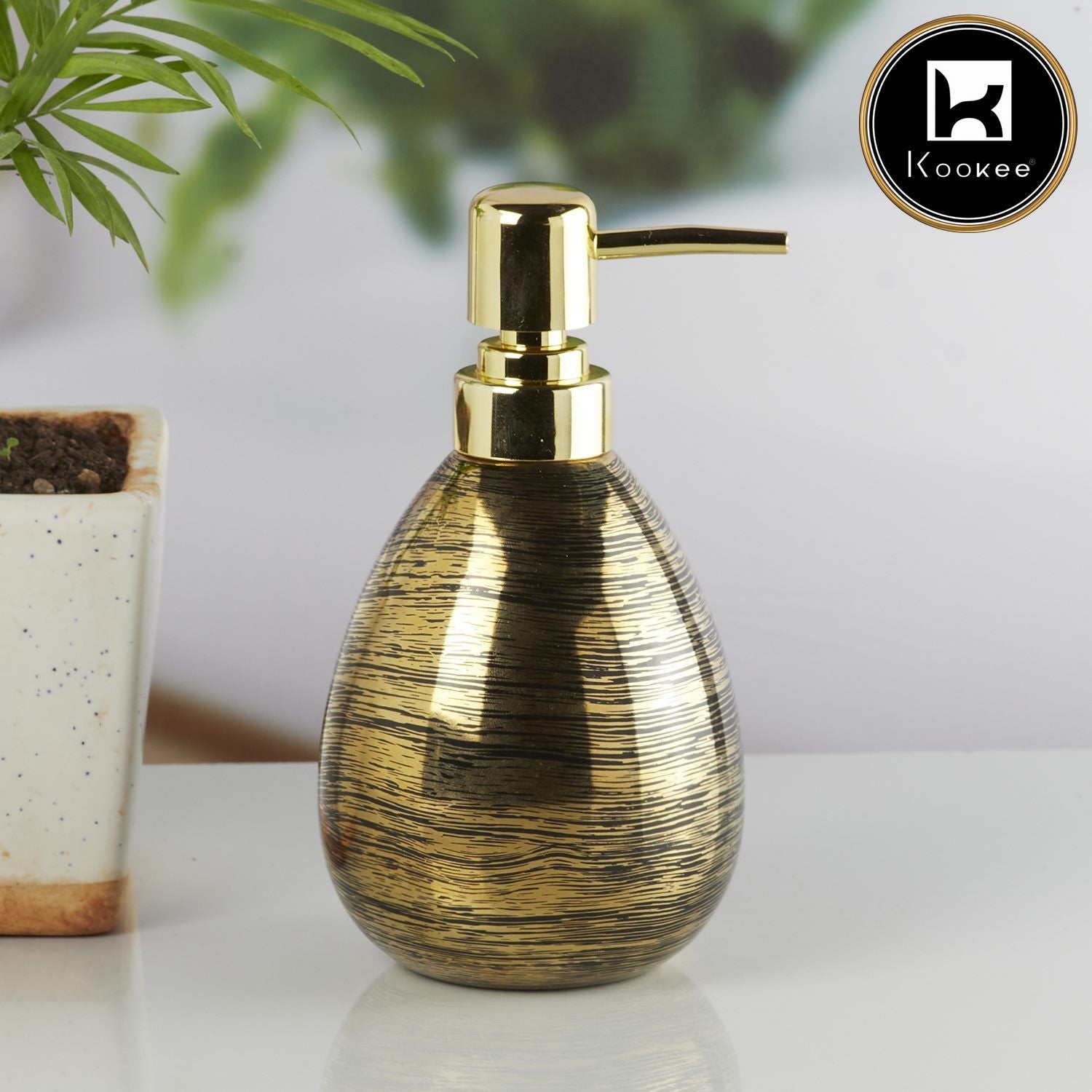 Ceramic Soap Dispenser for handwash for Bathroom, Black/Gold (Set of 1) (10309)