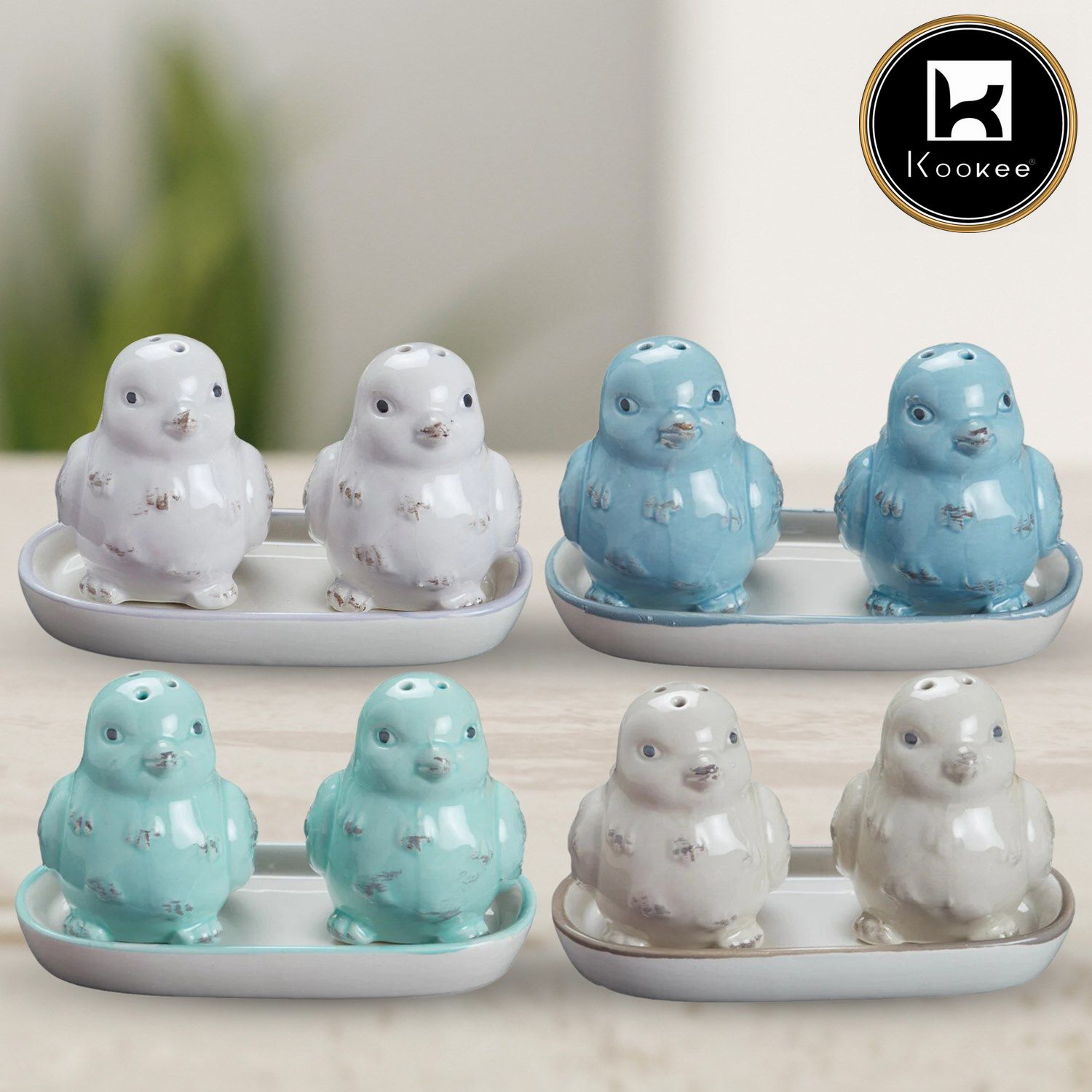 Kookee Ceramic Salt Pepper Container Set with tray (Pack of 4) (10323)