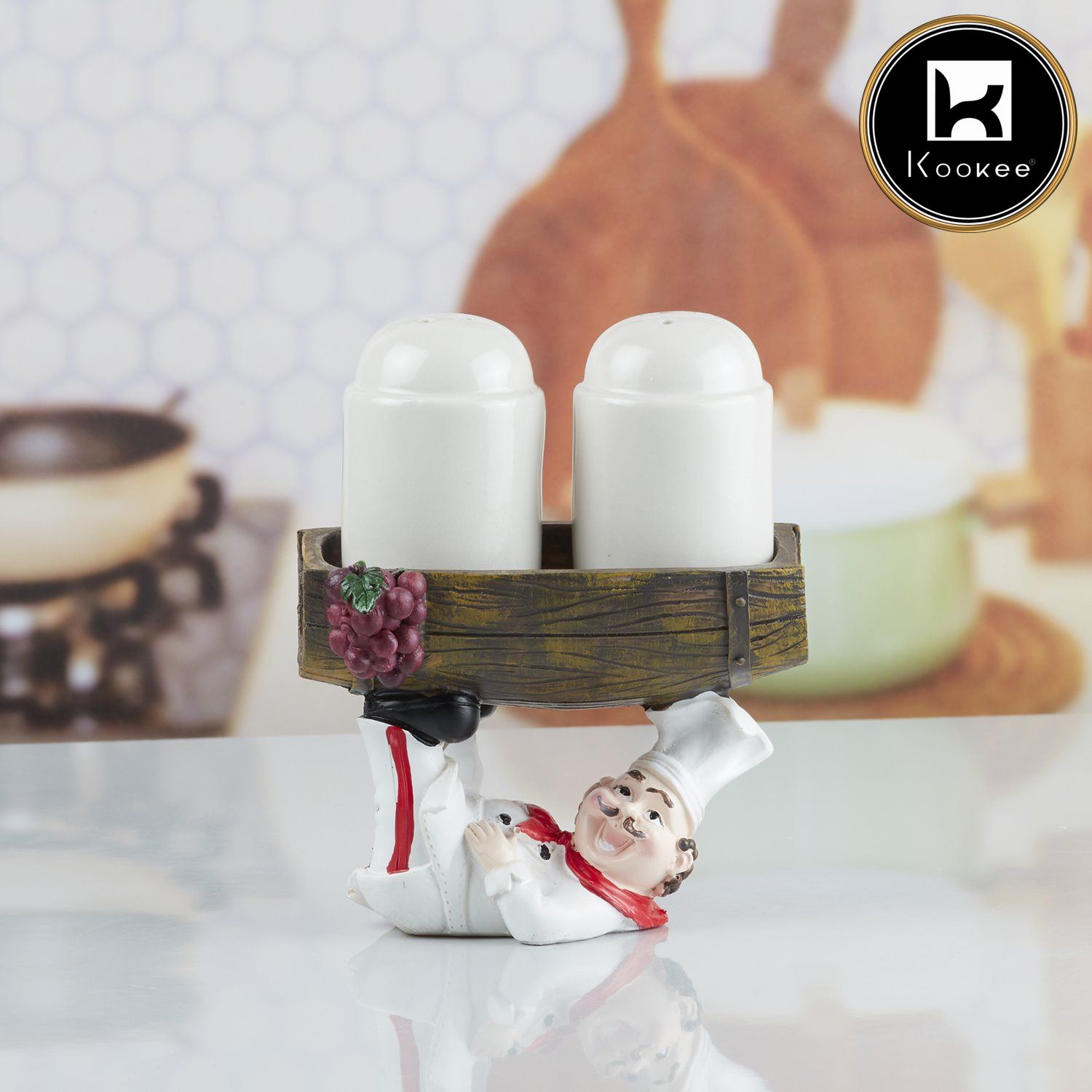 Kookee Polyresin Chef Salt and Pepper Shakers Set holder (10344)