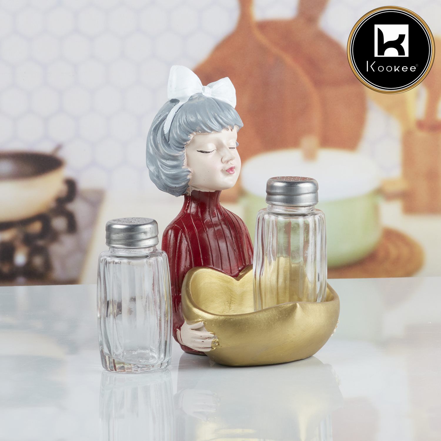 Polyresin Modern Girl Salt and Pepper Shakers Set holder (V-SALT-022-1)